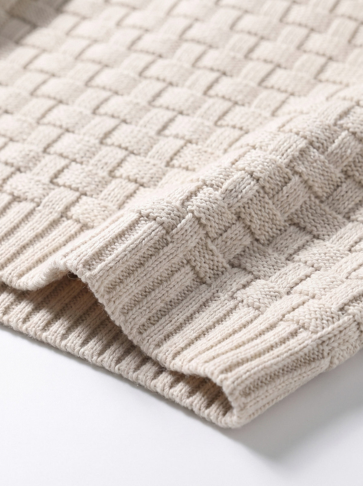BLENIN men's basket weave button sweater in cream, fabric close-up