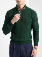 BLENIN men's basket weave button sweater in dark green, close-up of the details