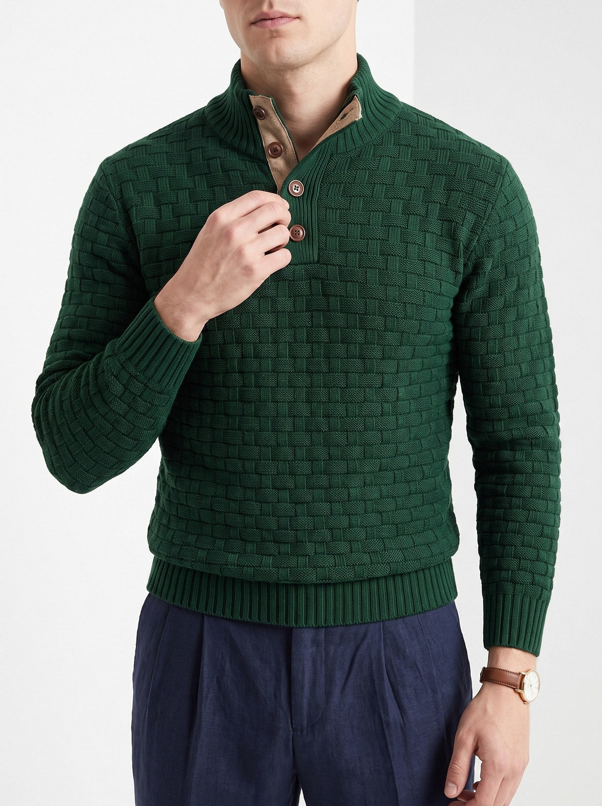 BLENIN men's basket weave button sweater in dark green, close-up of the details