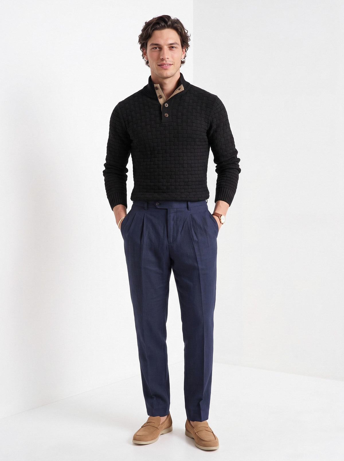 BLENIN men's basket weave button sweater in black, full-length front view