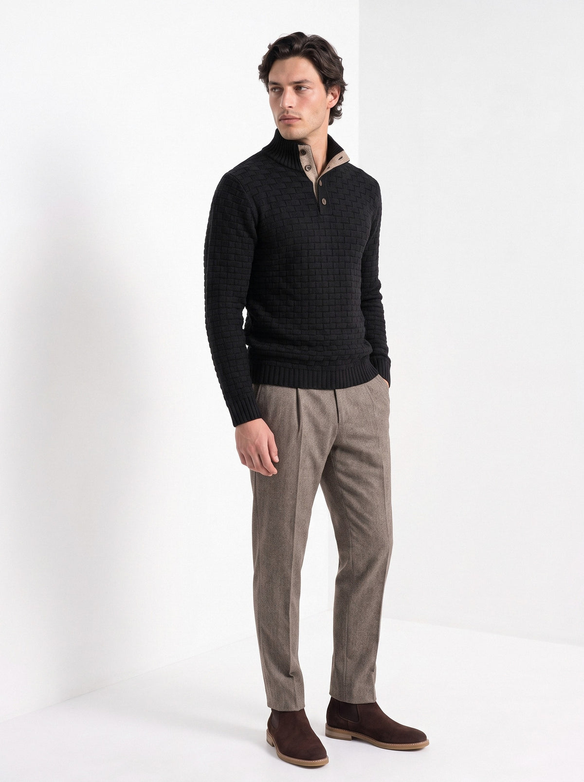 BLENIN men's basket weave button sweater in black, three-quarter view