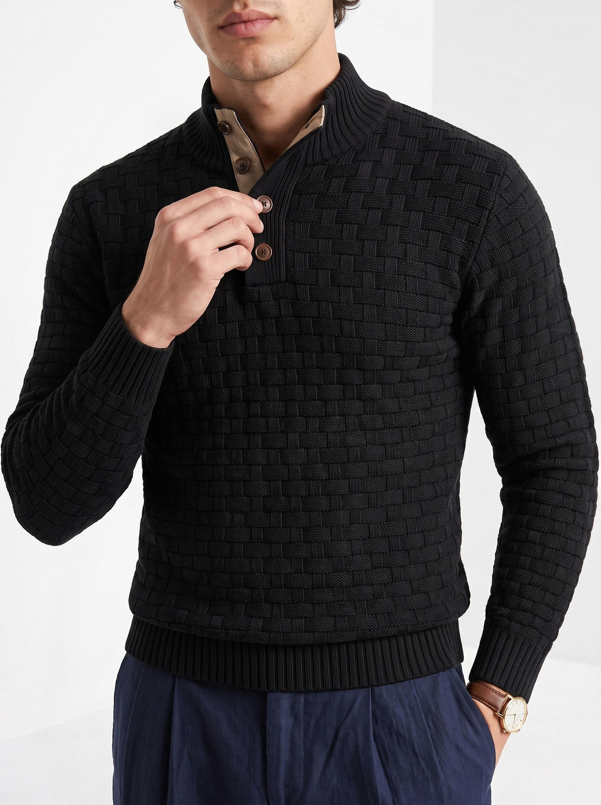 BLENIN men's basket weave button sweater in black, close-up of the details