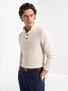 BLENIN men's basket weave button sweater in cream, front portrait