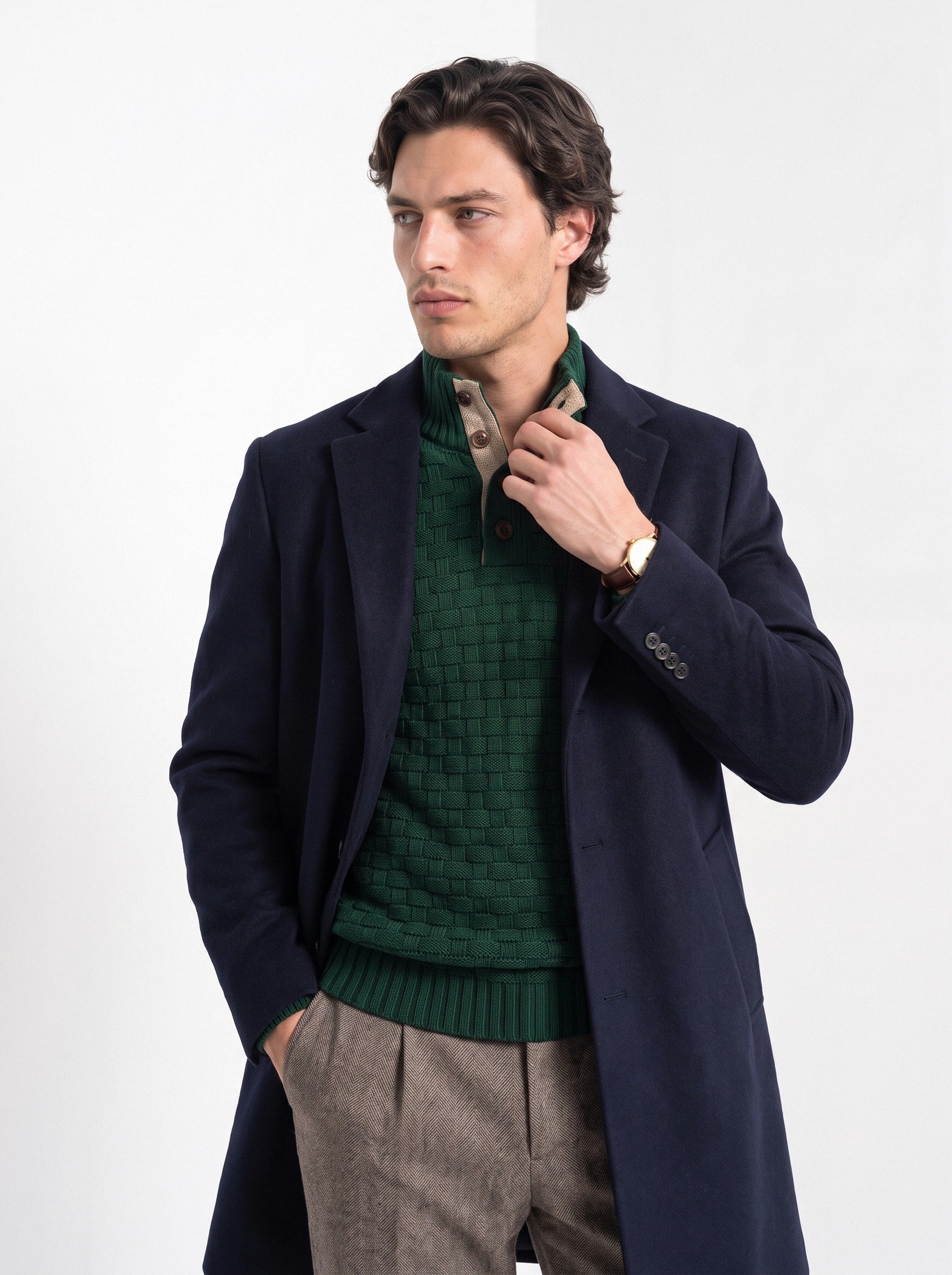 BLENIN men's basket weave button sweater in dark green, front portrait
