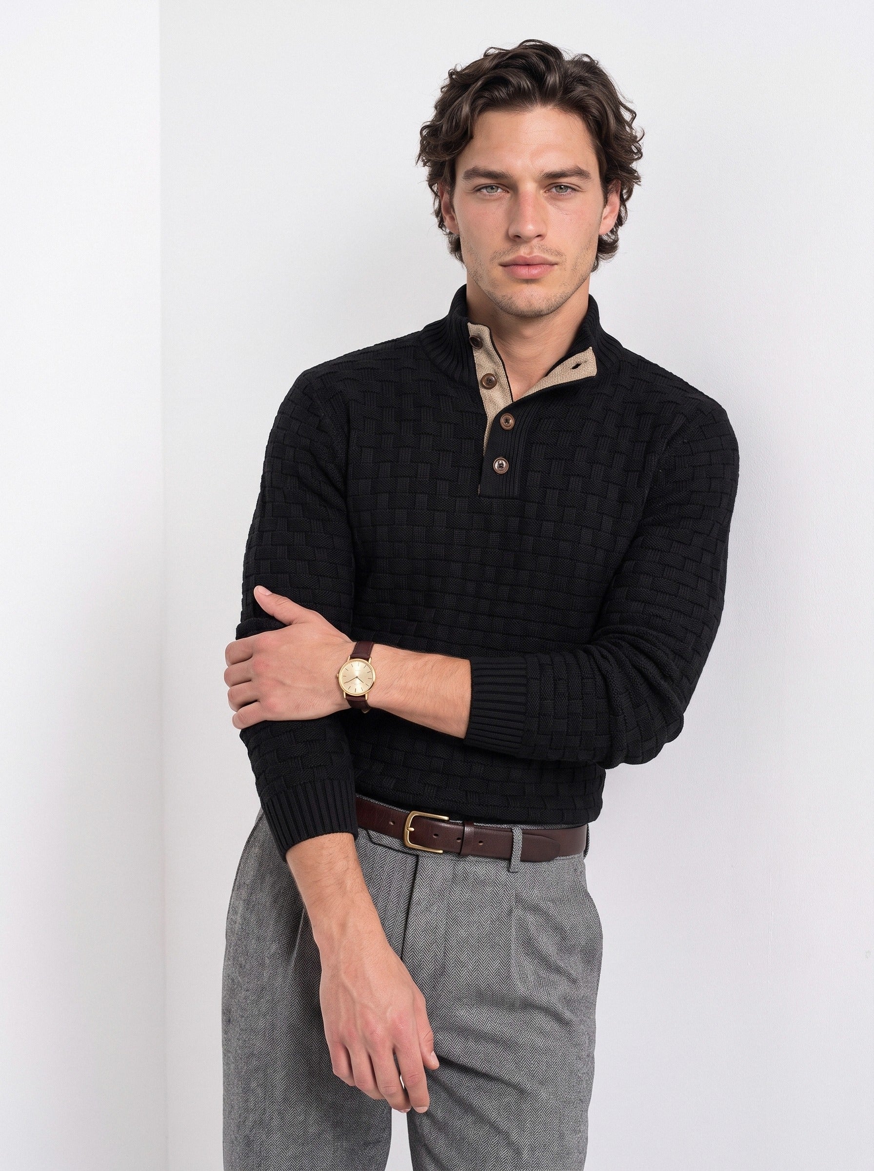 BLENIN men's basket weave button sweater in black, front portrait