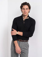 BLENIN men's basket weave button sweater in black, front portrait