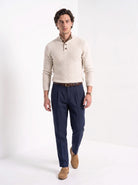 BLENIN men's basket weave button sweater in cream, full-length look