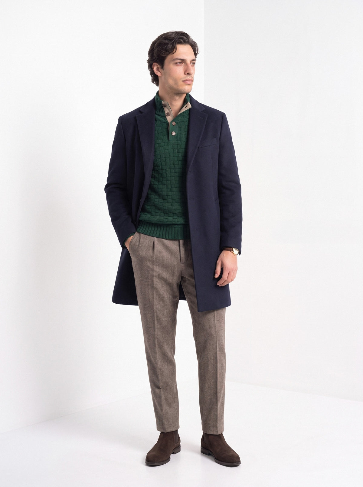 BLENIN men's basket weave button sweater in dark green, full-length look