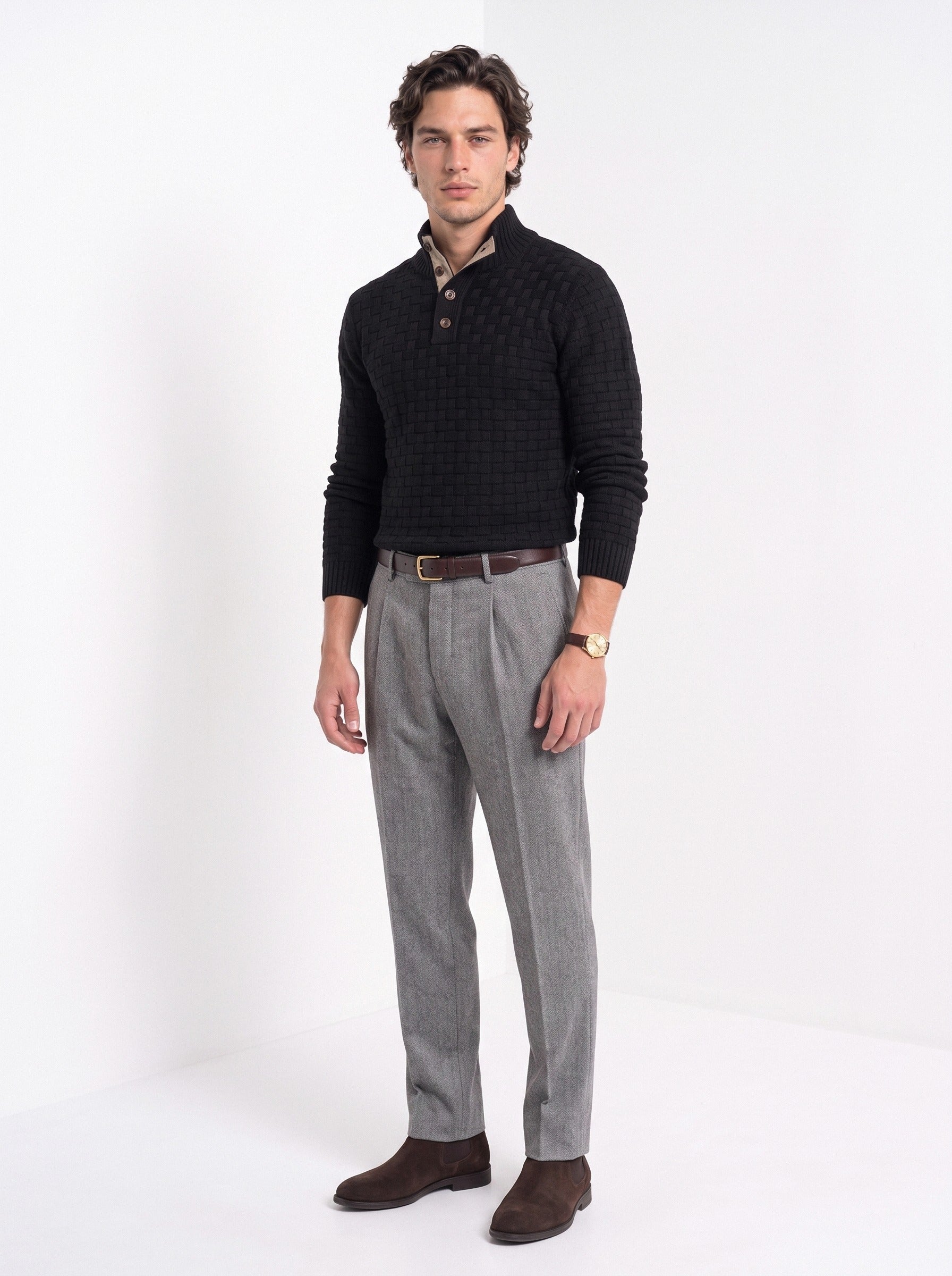 BLENIN men's basket weave button sweater in black, full-length look