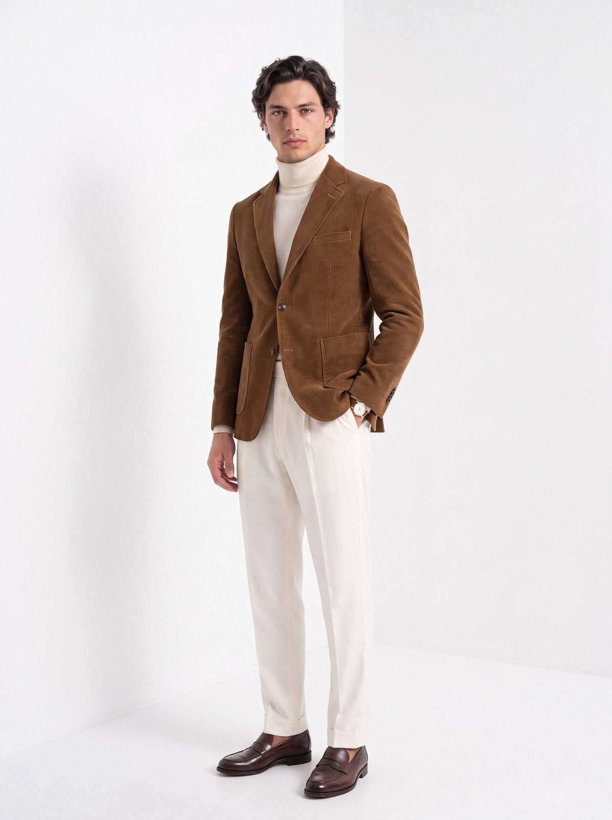 BLENIN men's corduroy blazer in brown, full-length front view