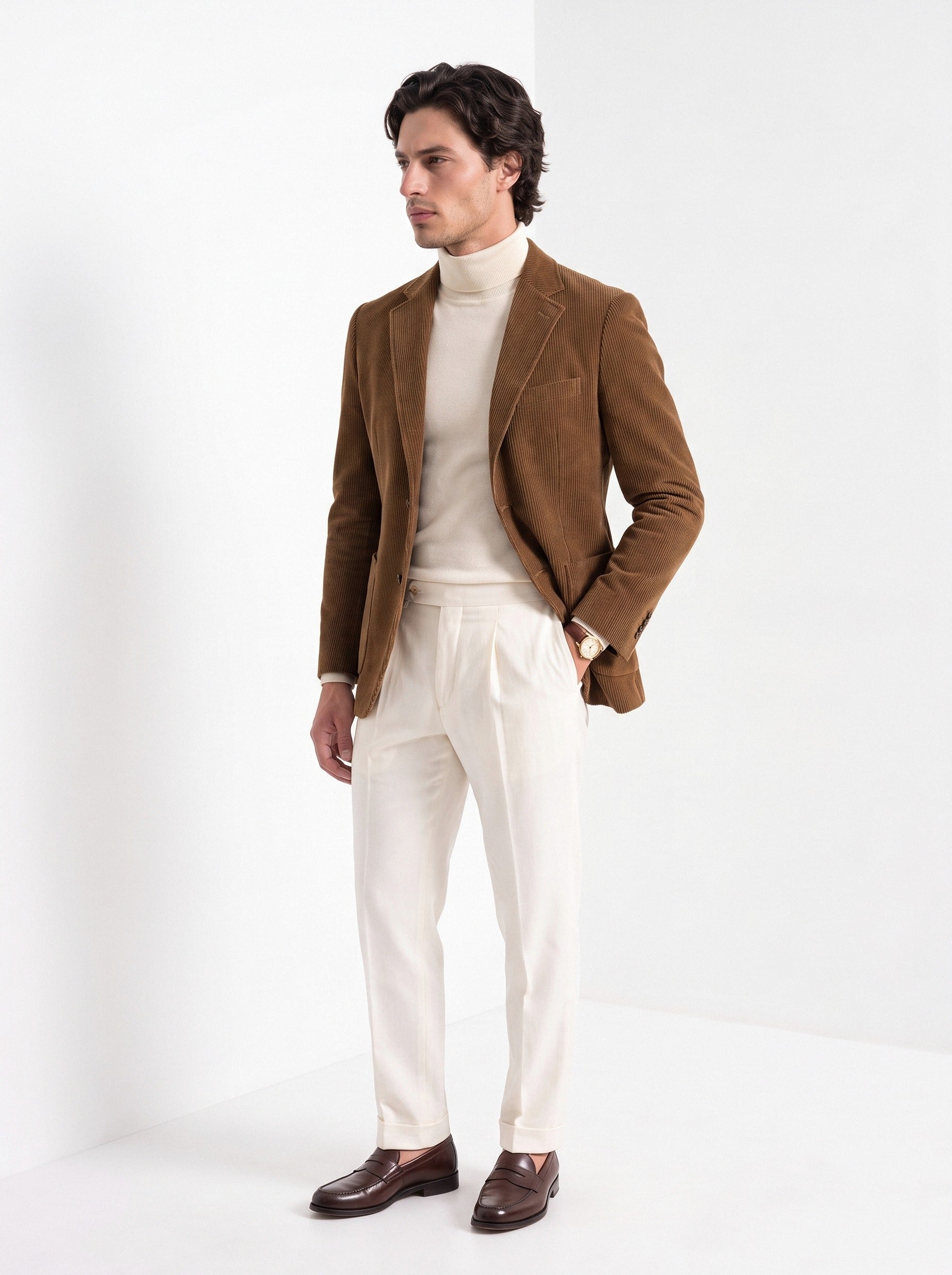 BLENIN men's corduroy blazer in brown, three-quarter view