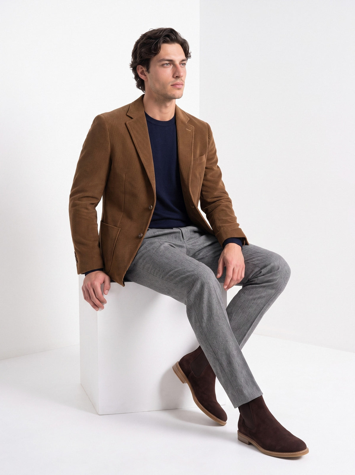 BLENIN men's corduroy blazer in brown, seated, full outfit