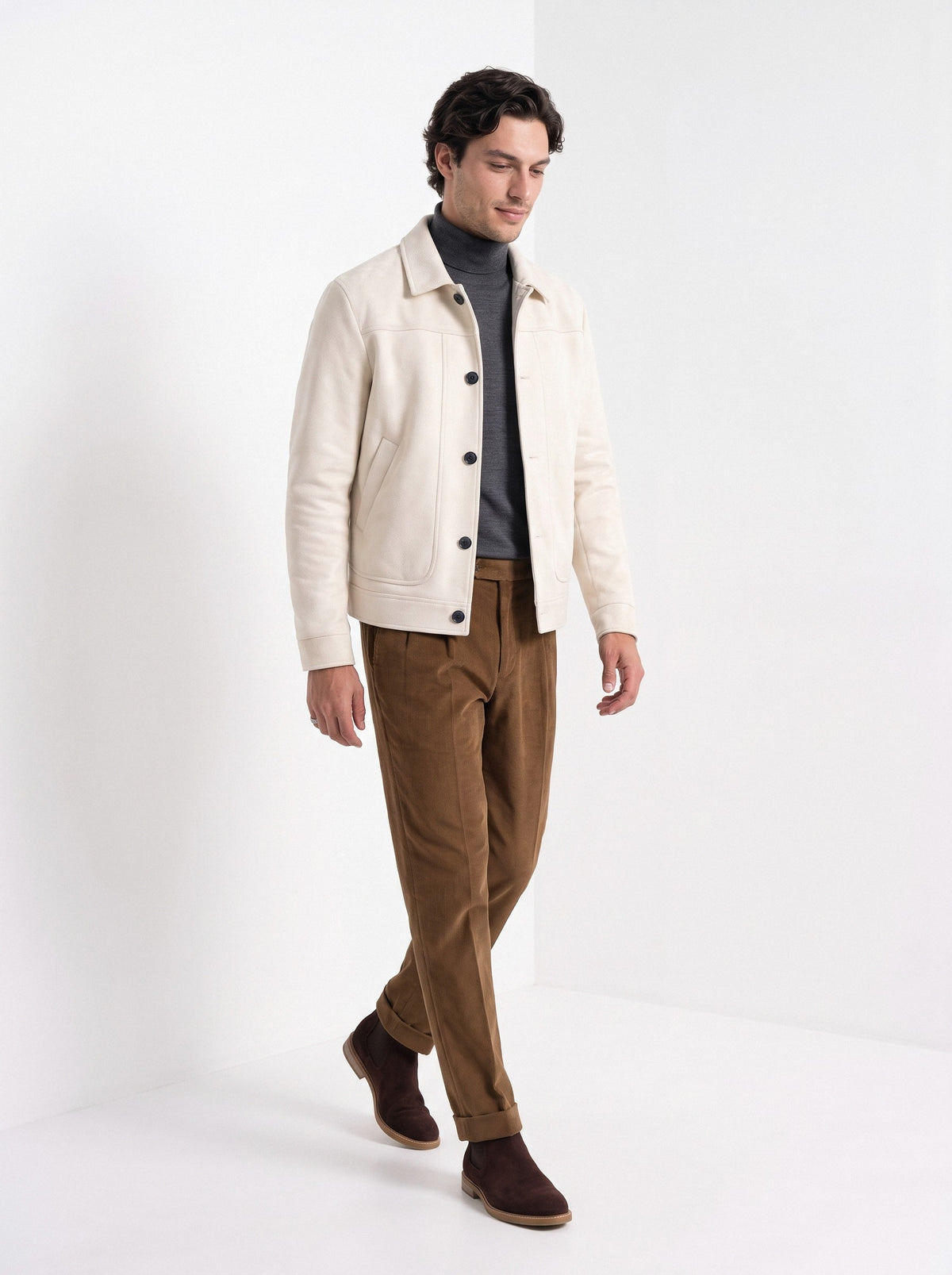 BLENIN men's suede-look trucker jacket in cream, full outfit, walking