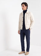 BLENIN men's suede-look trucker jacket in cream, three-quarter view