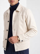BLENIN men's suede-look trucker jacket in cream, close-up of the details