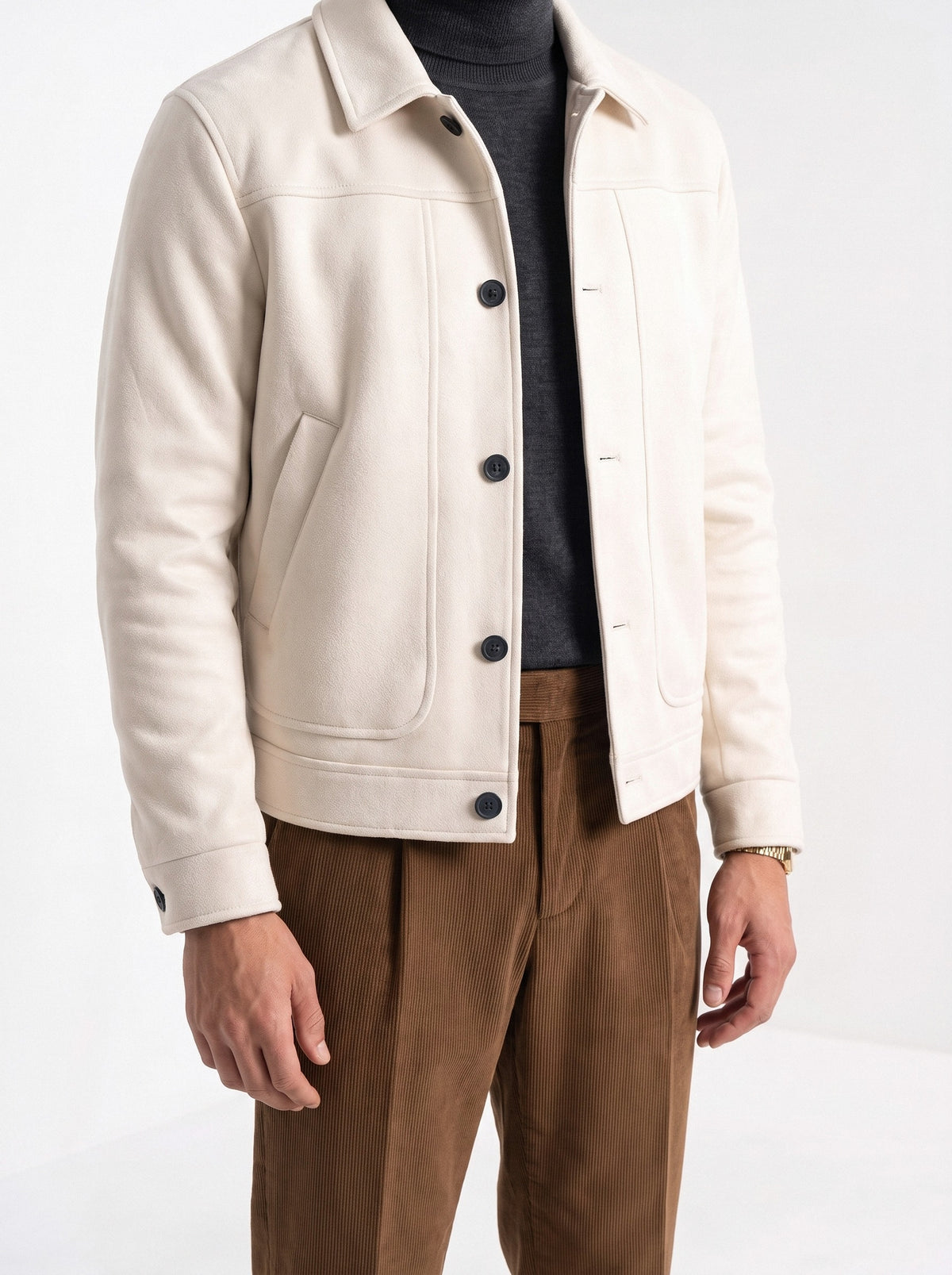 BLENIN men's suede-look trucker jacket in cream, fit detail