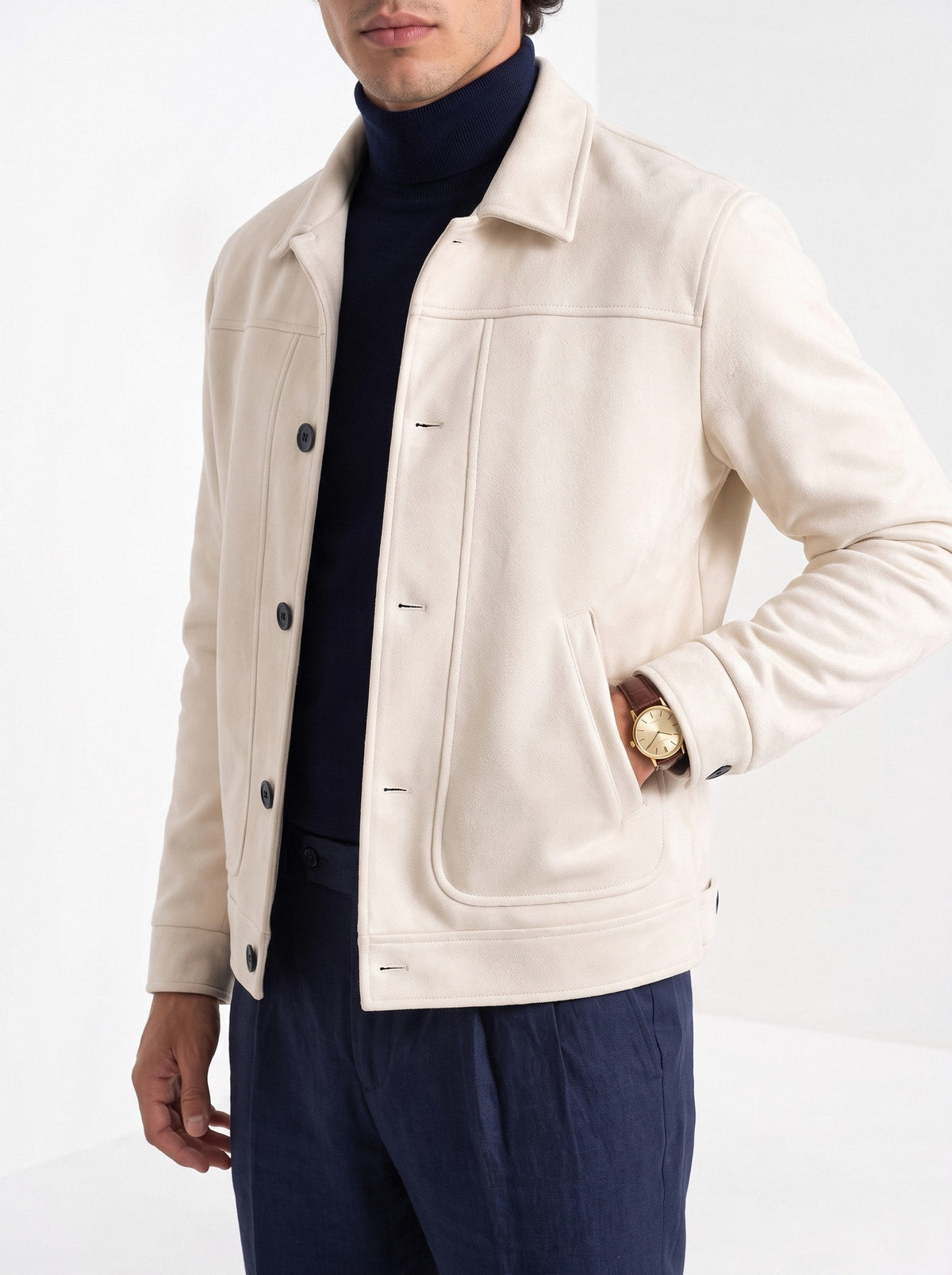 BLENIN men's suede-look trucker jacket in cream, styled detail