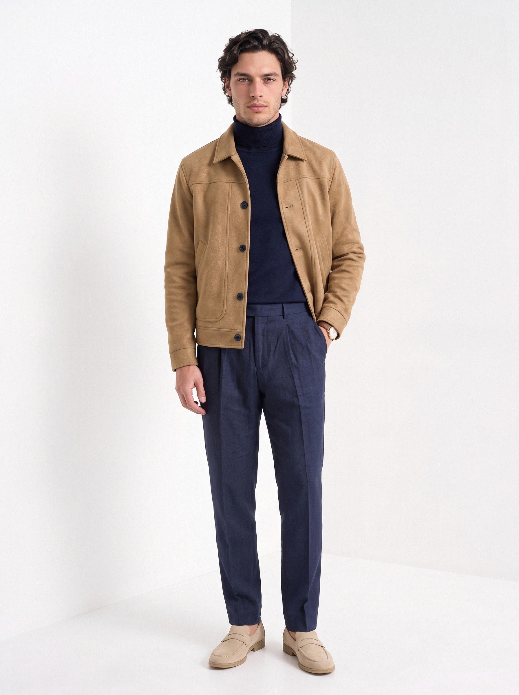 BLENIN men's suede-look trucker jacket in camel, full-length front view