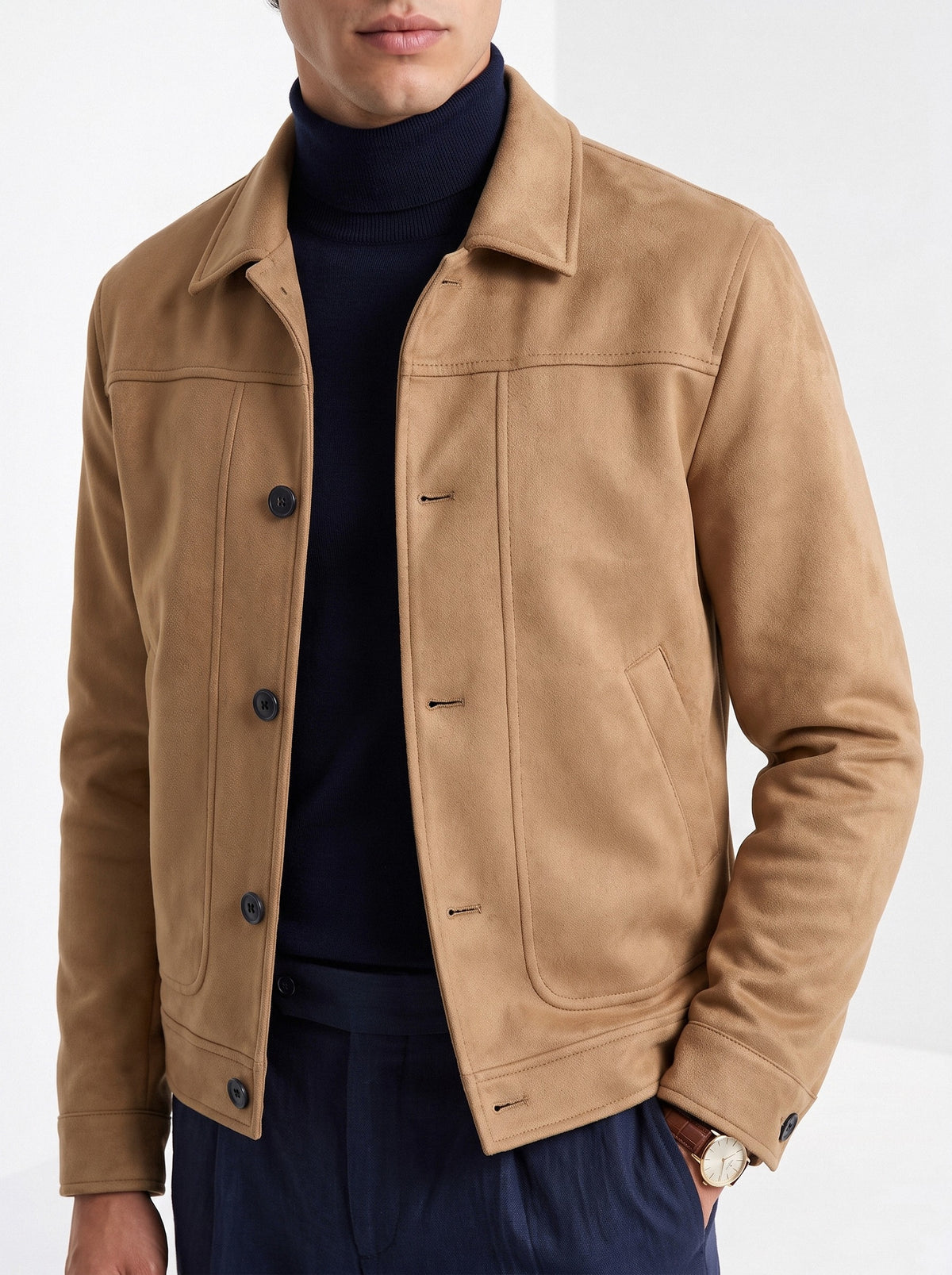 BLENIN men's suede-look trucker jacket in camel, close-up of the details