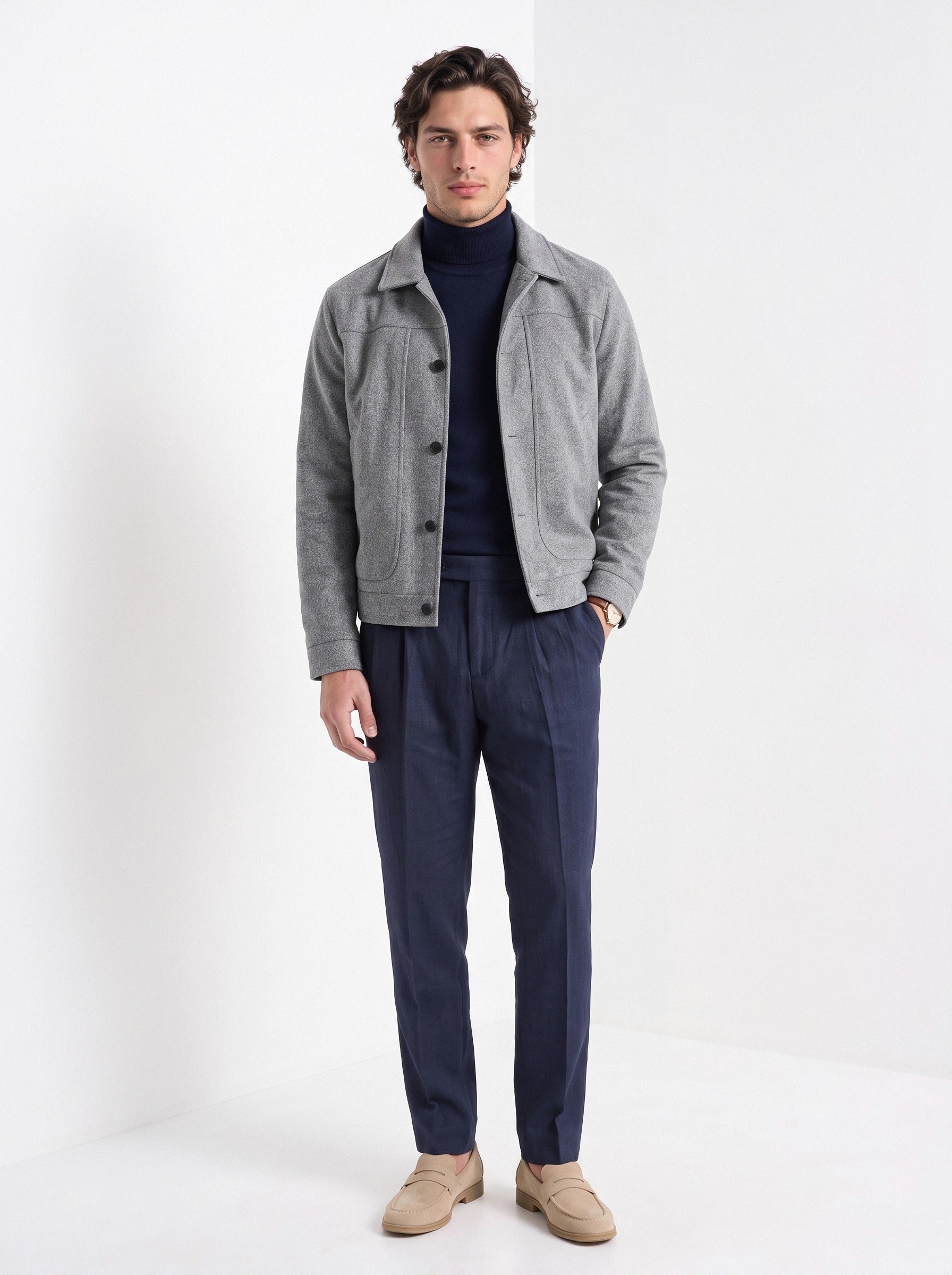 BLENIN men's suede-look trucker jacket in grey, full-length front view