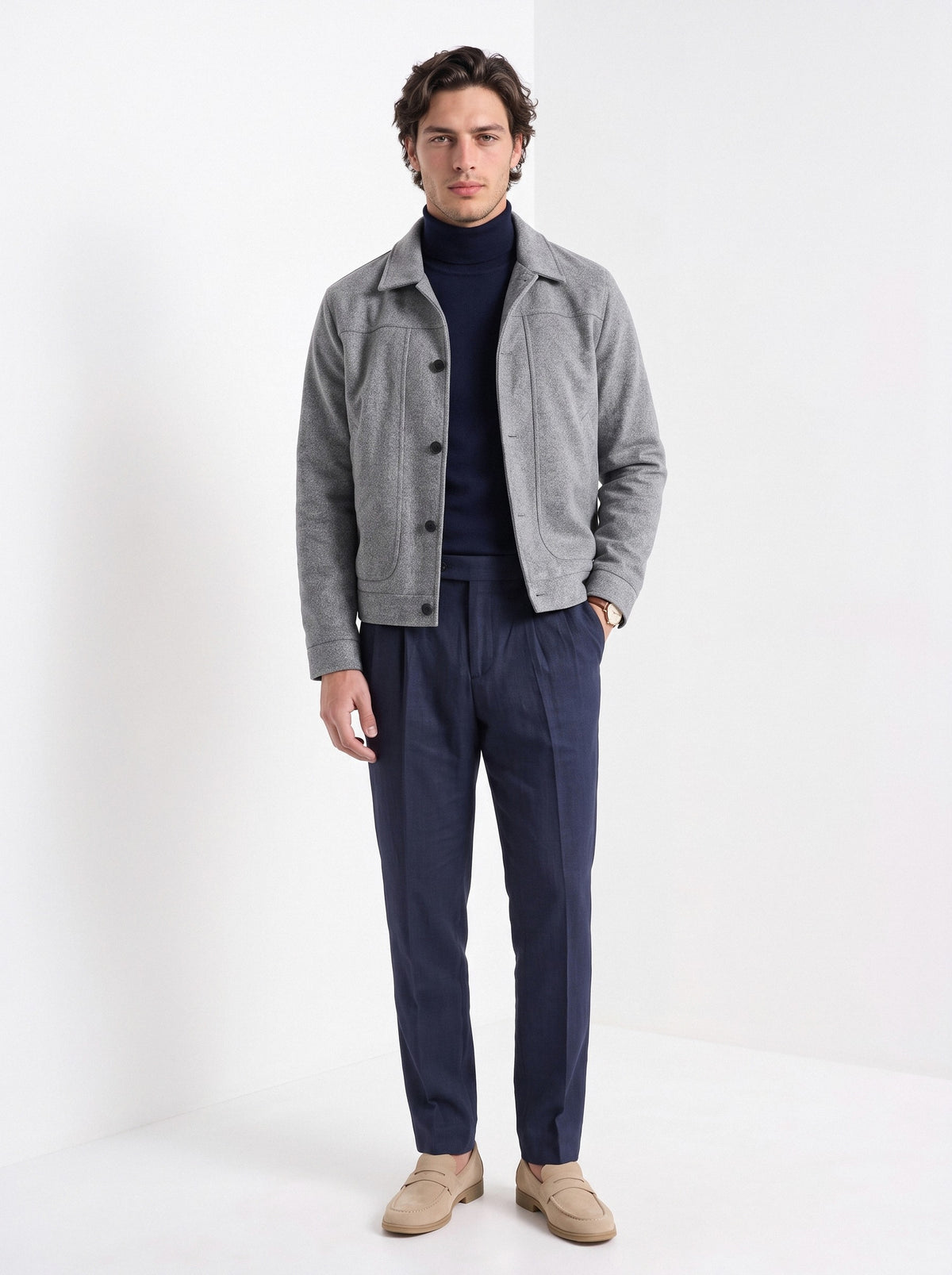 BLENIN men's suede-look trucker jacket in grey, full-length front view