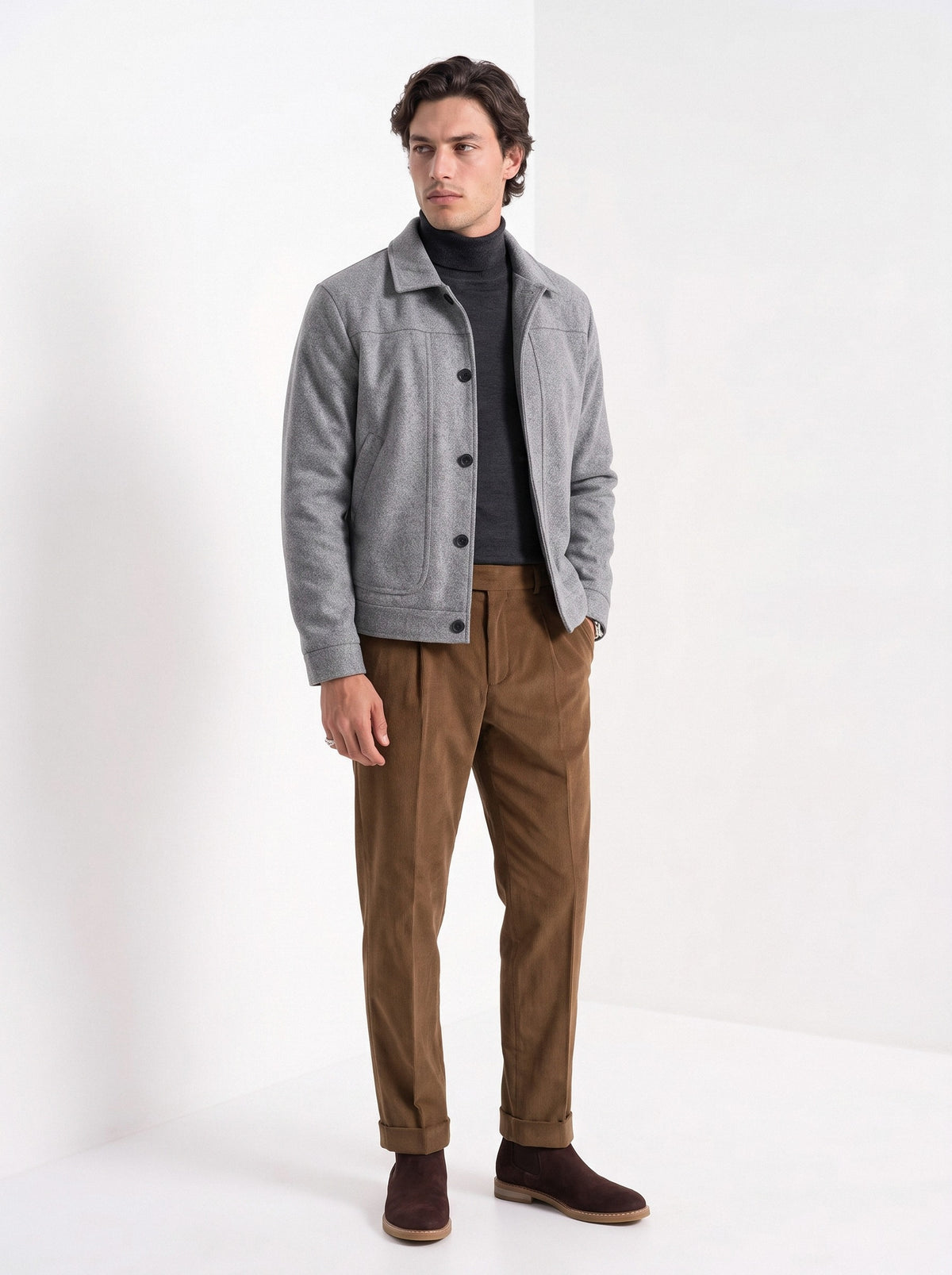 BLENIN men's suede-look trucker jacket in grey, three-quarter view