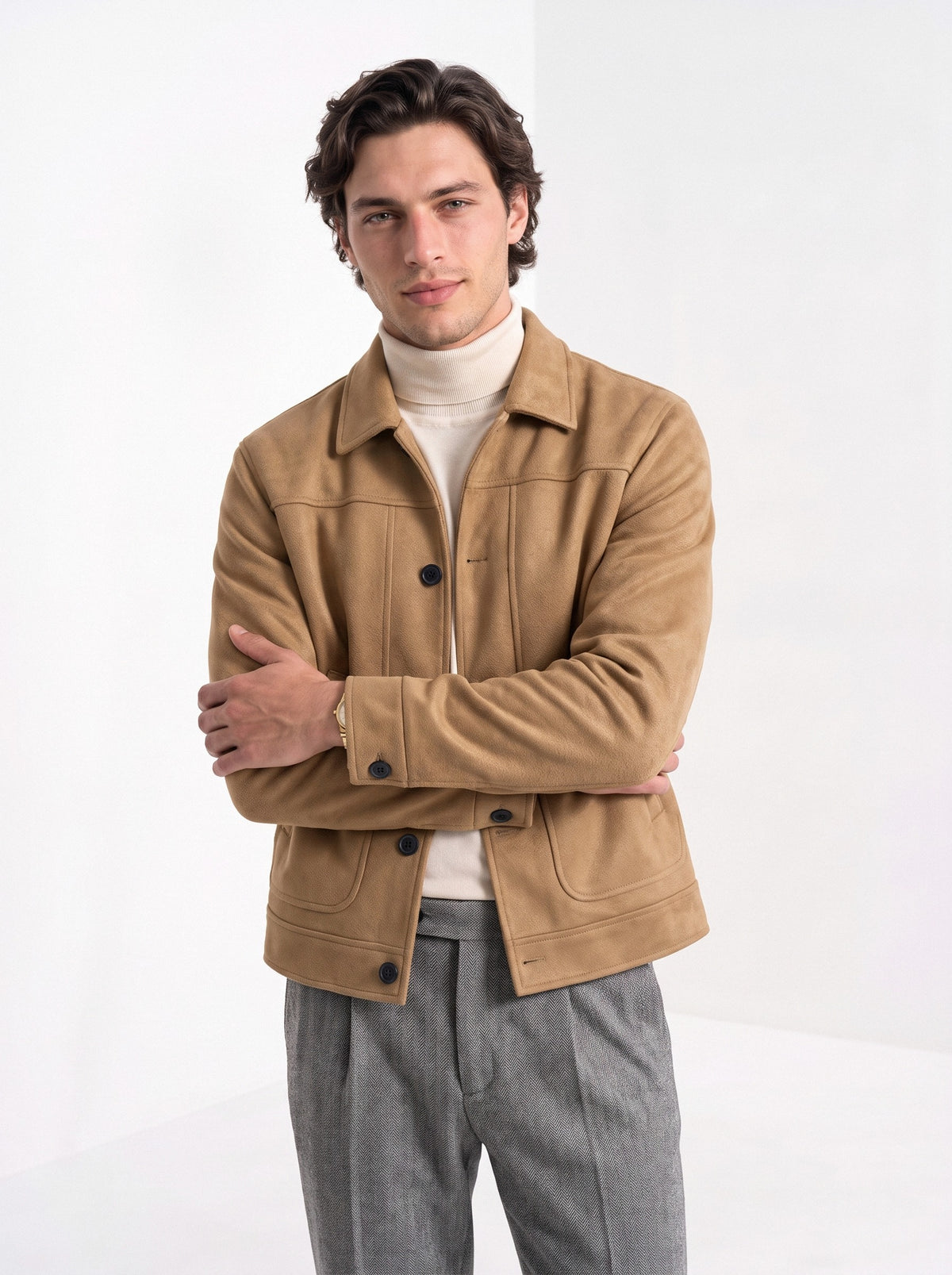 BLENIN men's suede-look trucker jacket in camel, front portrait