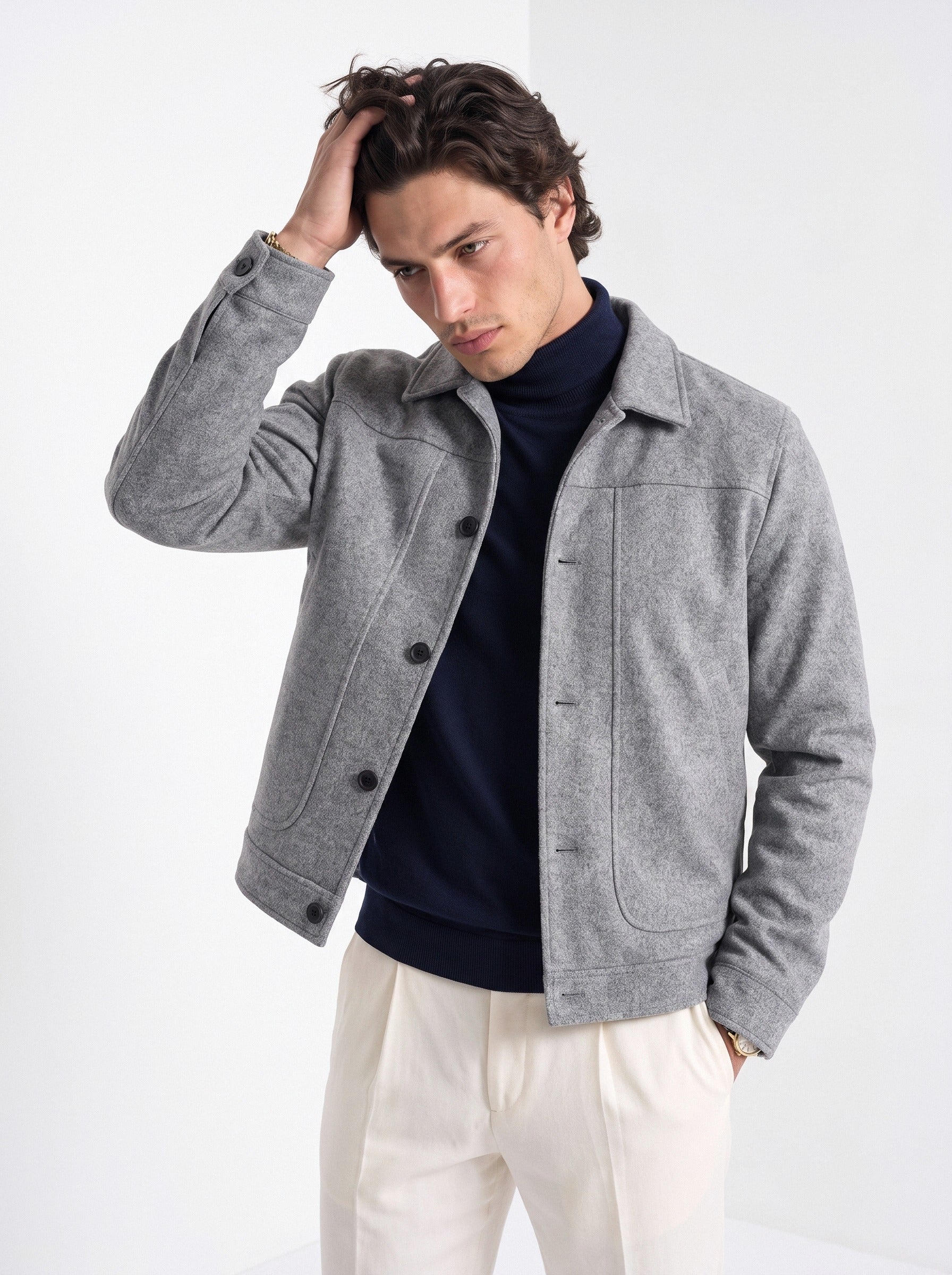 BLENIN men's suede-look trucker jacket in grey, front portrait
