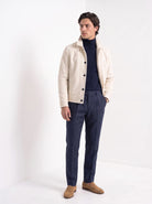 BLENIN men's suede-look trucker jacket in cream, full-length look