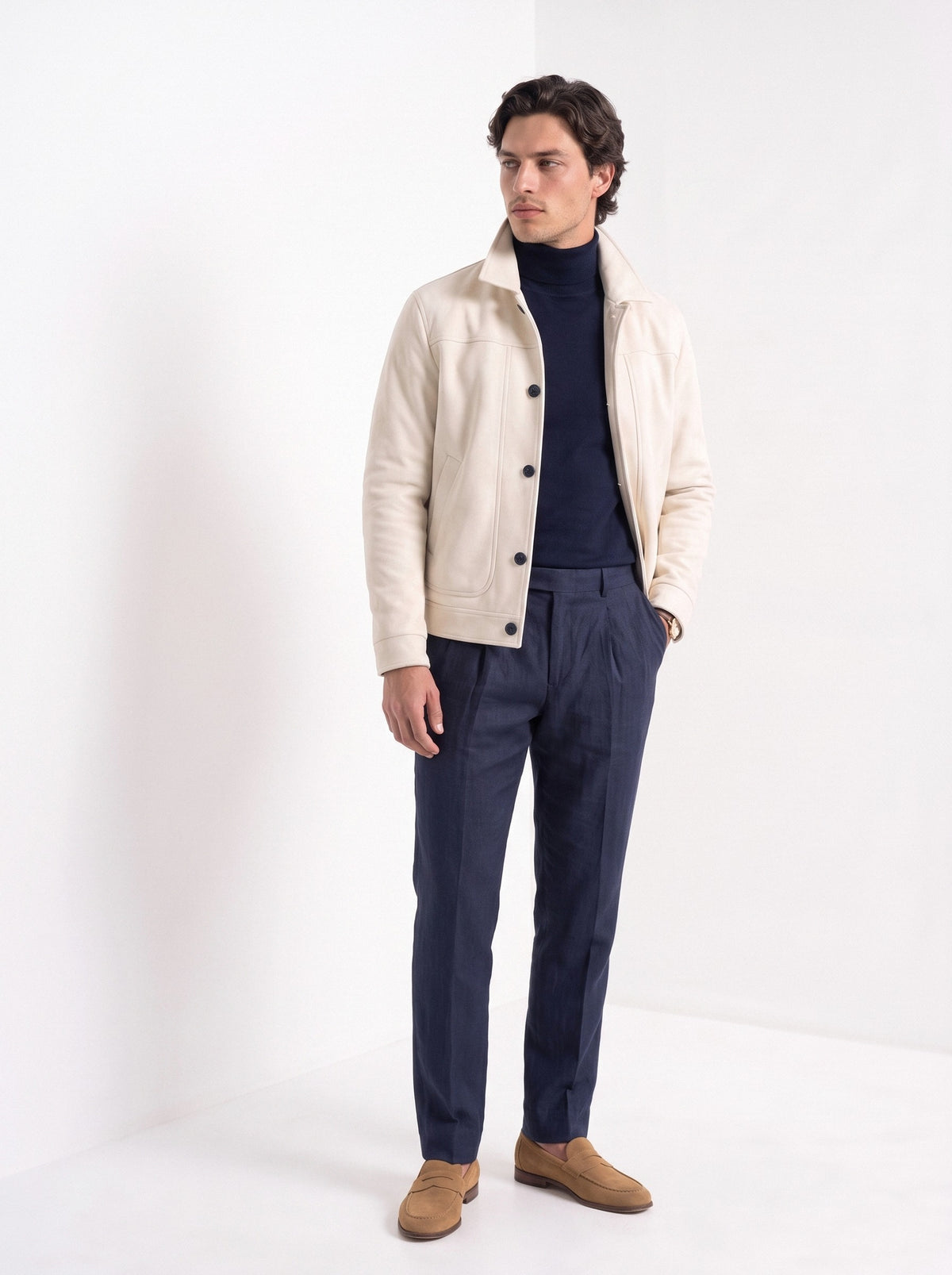 BLENIN men's suede-look trucker jacket in cream, full-length look