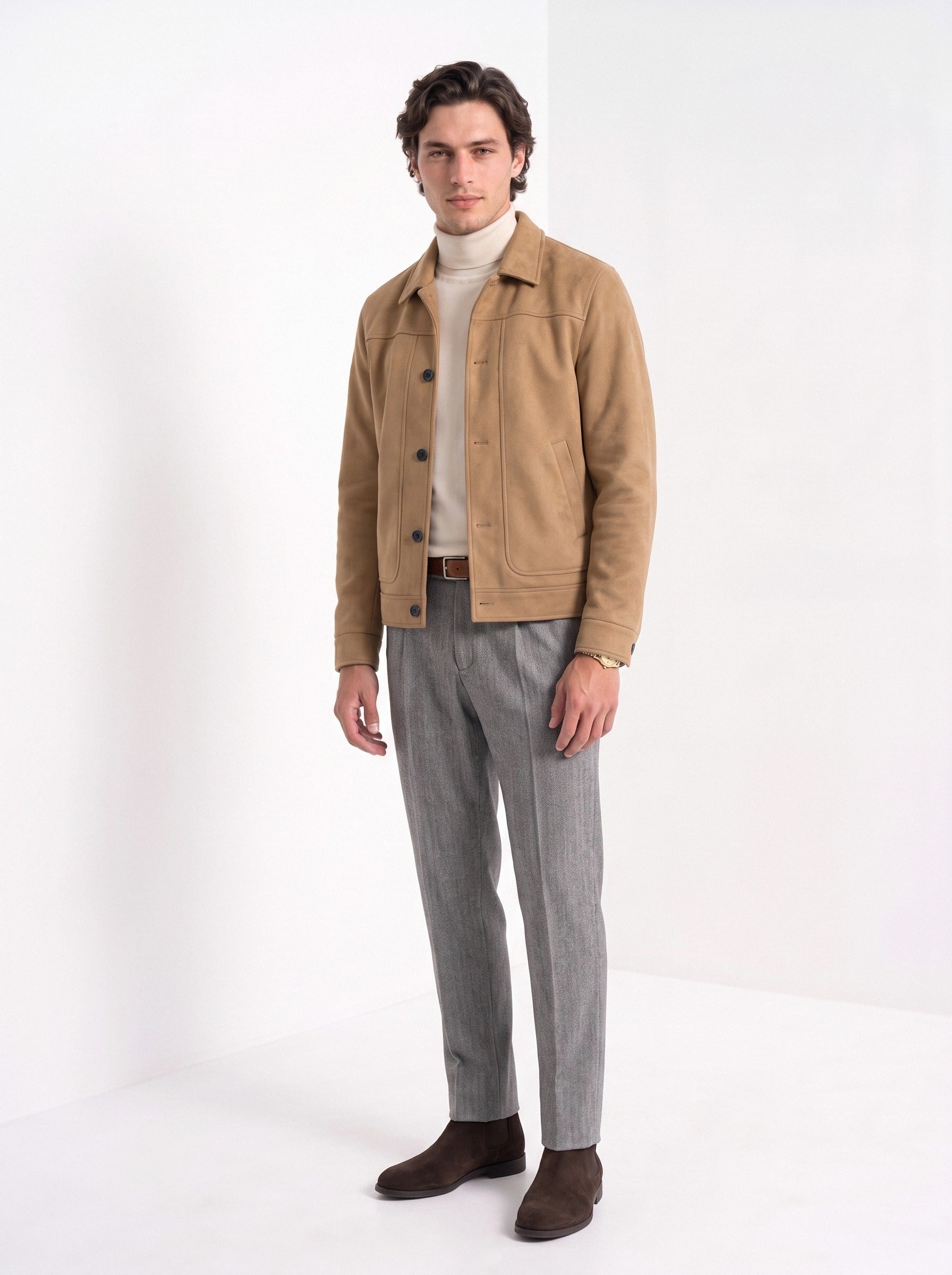 BLENIN men's suede-look trucker jacket in camel, full-length look