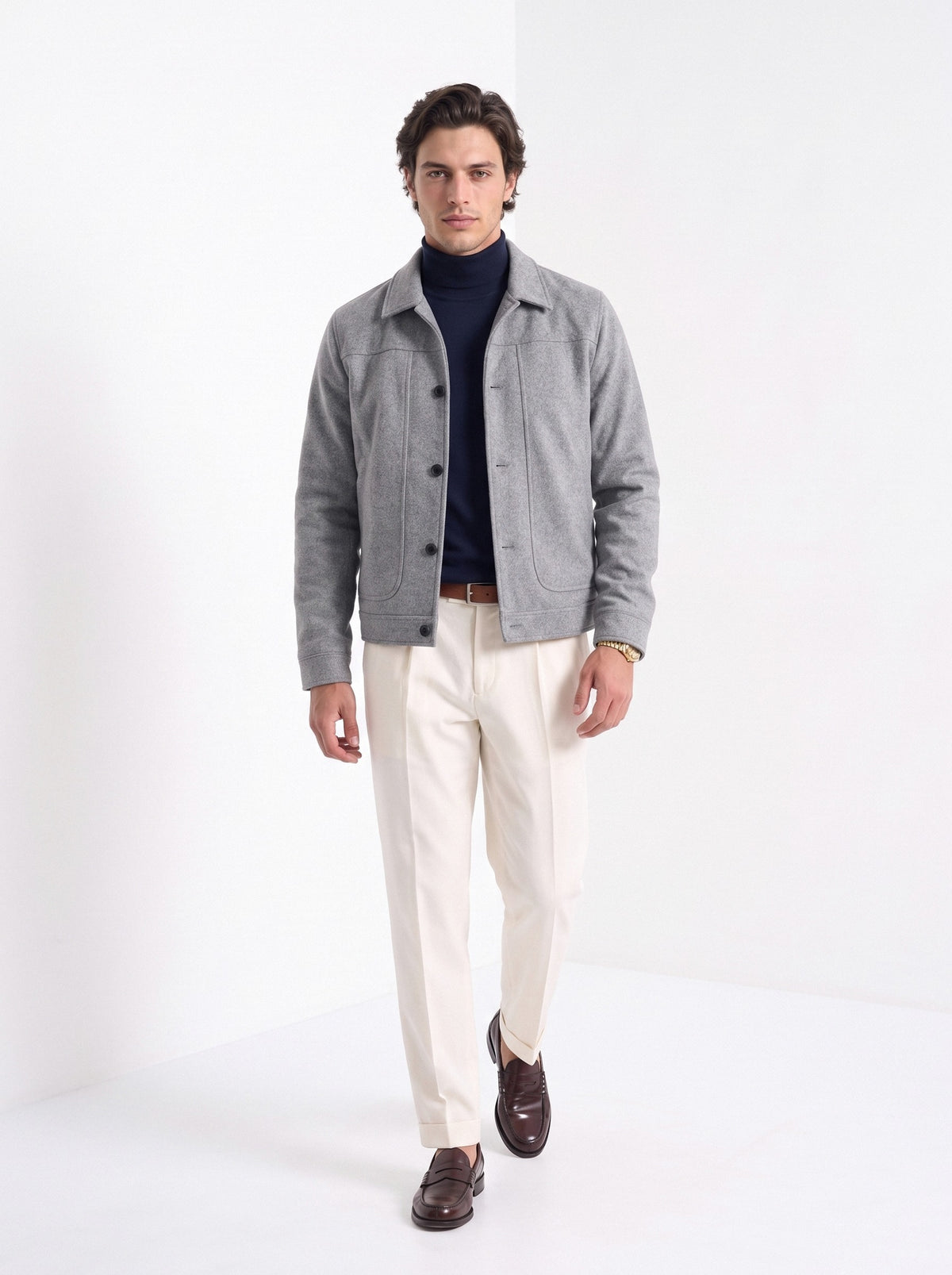 BLENIN men's suede-look trucker jacket in grey, full-length look