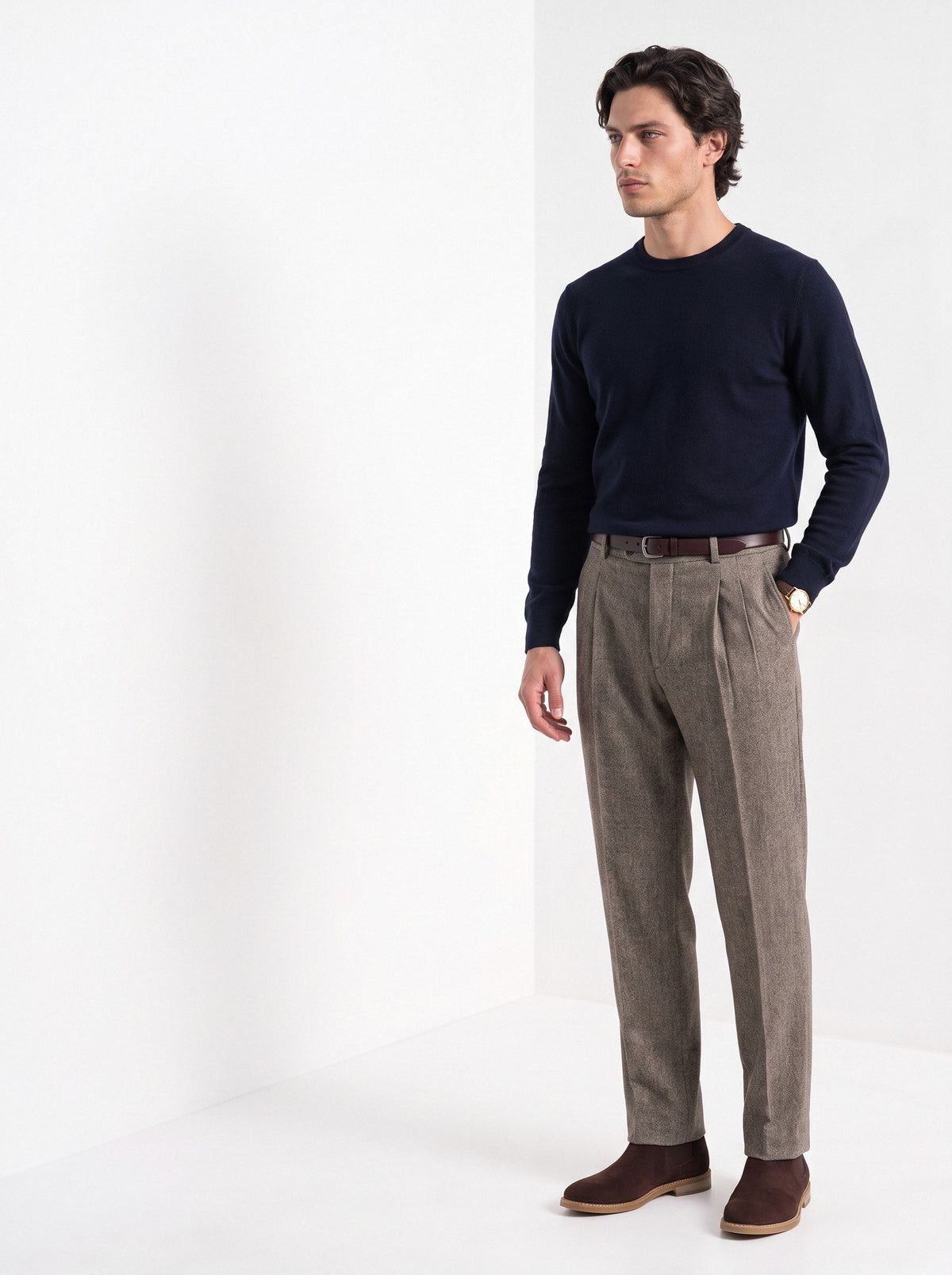 BLENIN men's naples tweed trousers in brown, three-quarter view