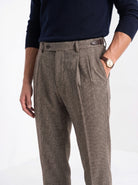 BLENIN men's naples tweed trousers in brown, close-up of the details