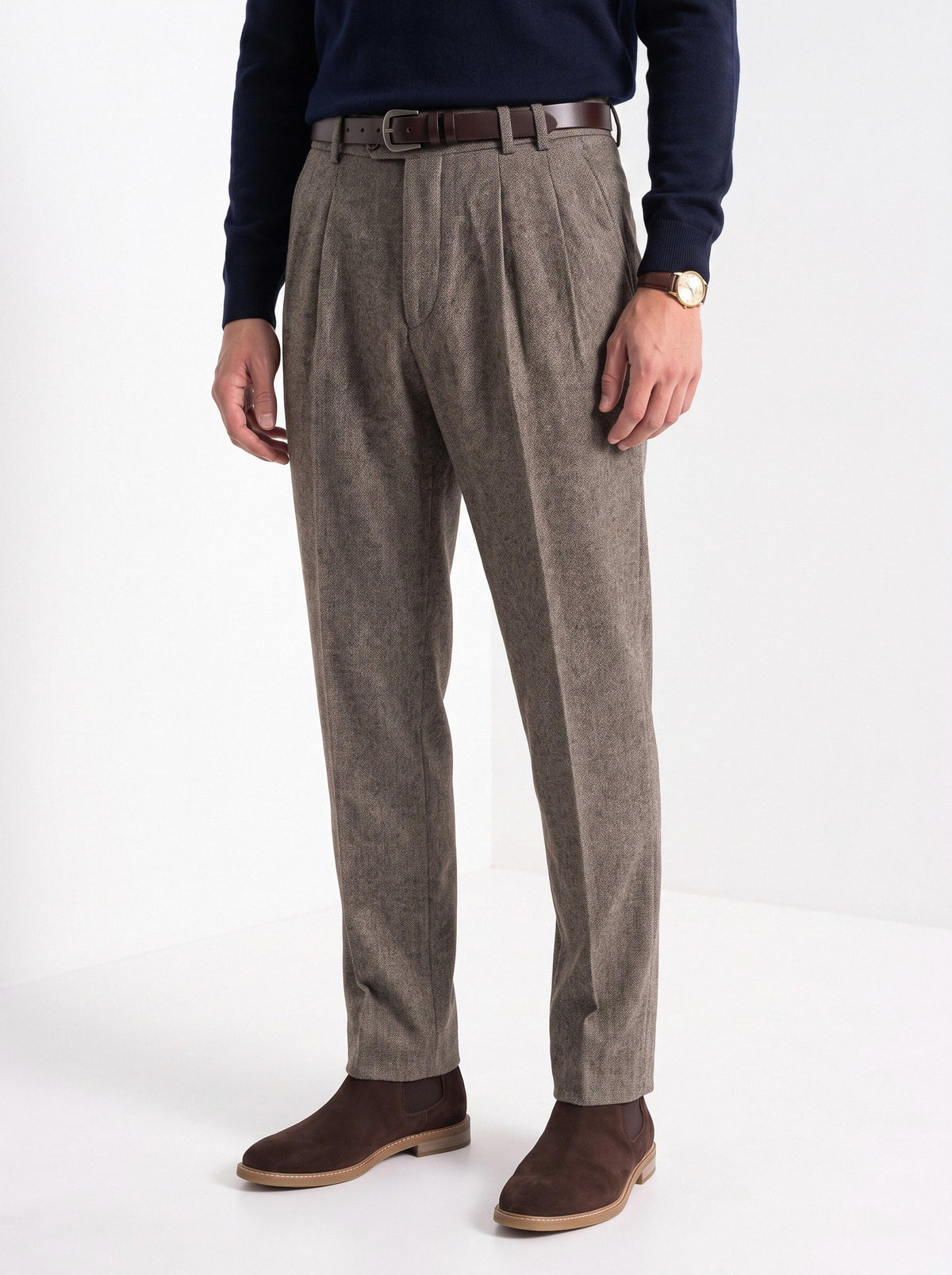 BLENIN men's naples tweed trousers in brown, fit detail