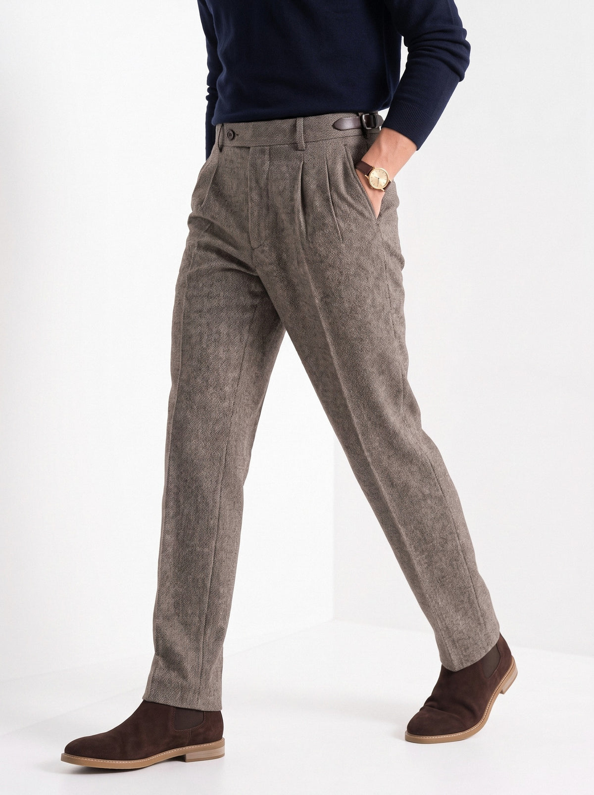 BLENIN men's naples tweed trousers in brown, styled detail