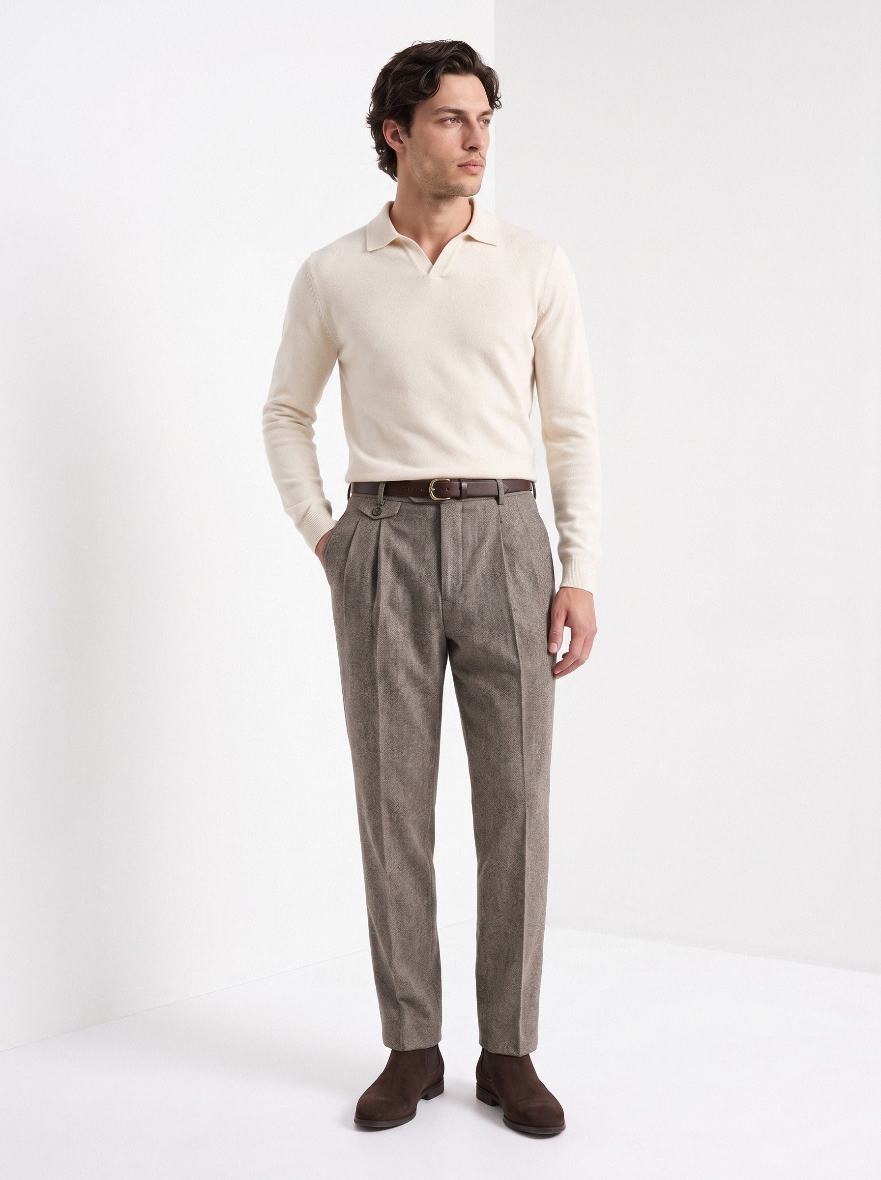 BLENIN men's naples tweed trousers in brown, full-length look
