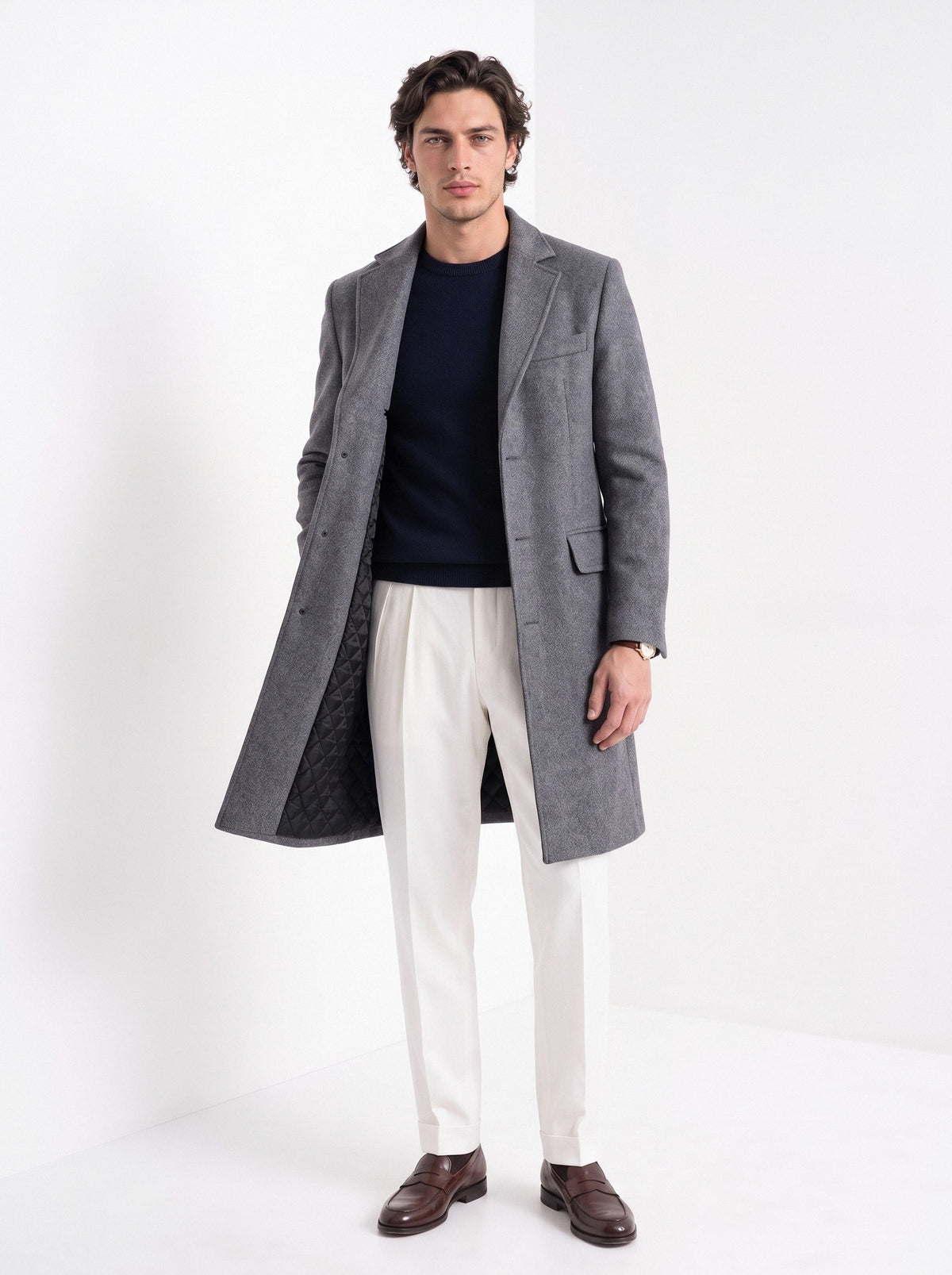 BLENIN men's wool blend overcoat in grey, full-length front view
