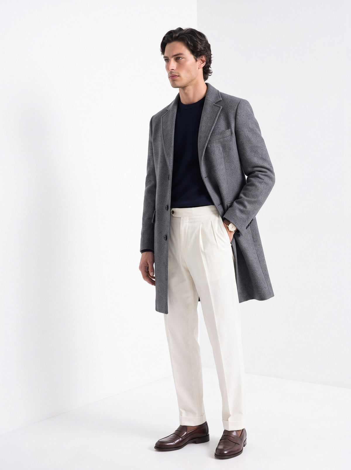 BLENIN men's wool blend overcoat in grey, three-quarter view