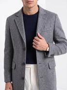 BLENIN men's wool blend overcoat in grey, close-up of the details