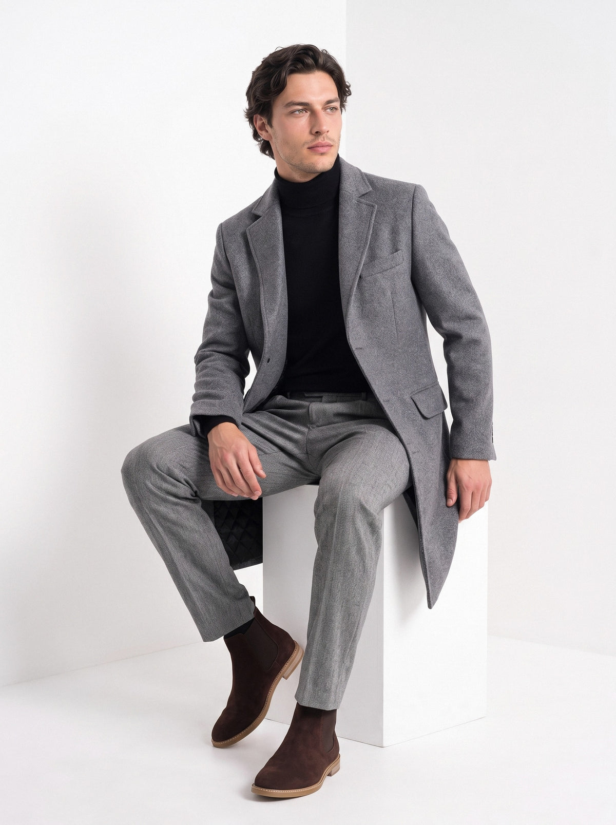 BLENIN men's wool blend overcoat in grey, seated, full outfit