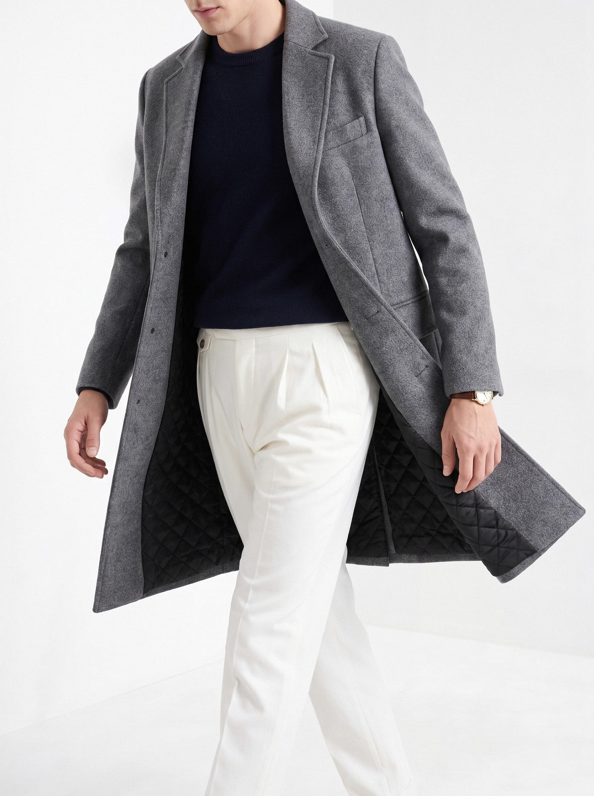 BLENIN men's wool blend overcoat in grey, styled detail