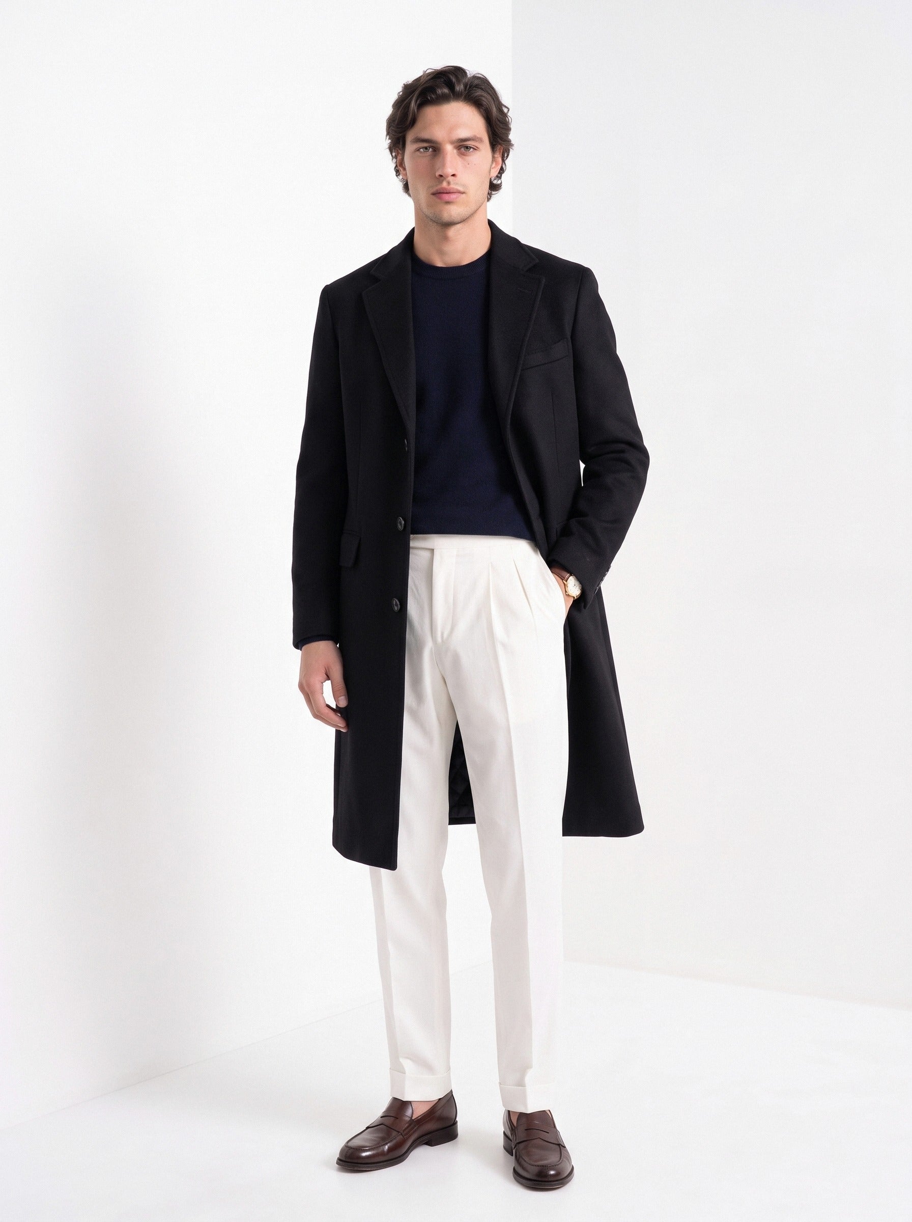 BLENIN men's wool blend overcoat in black, full-length front view