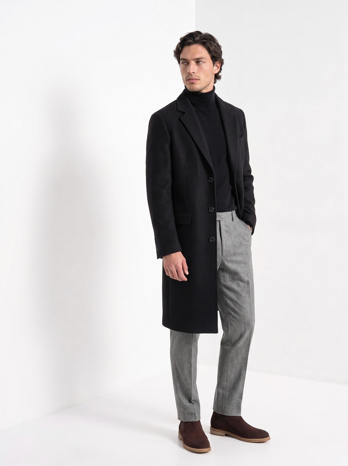 BLENIN men's wool blend overcoat in black, three-quarter view