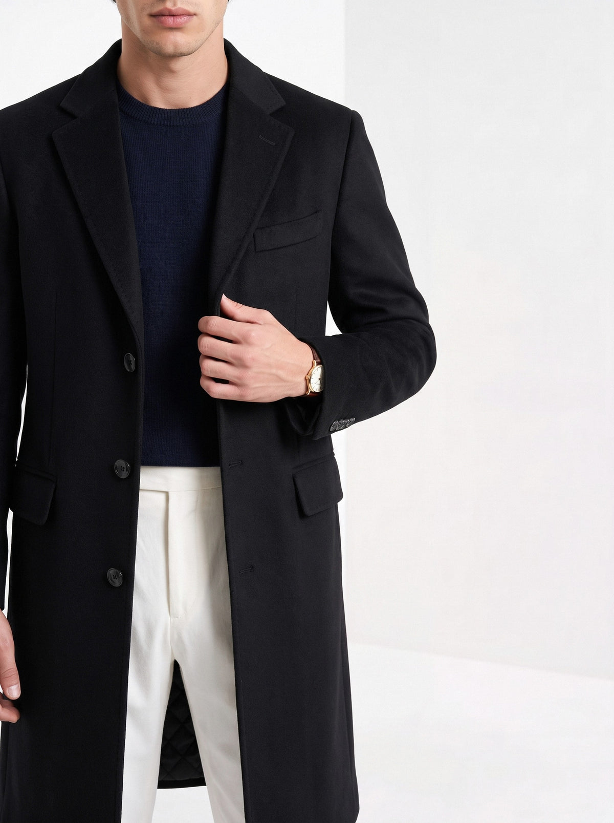 BLENIN men's wool blend overcoat in black, close-up of the details