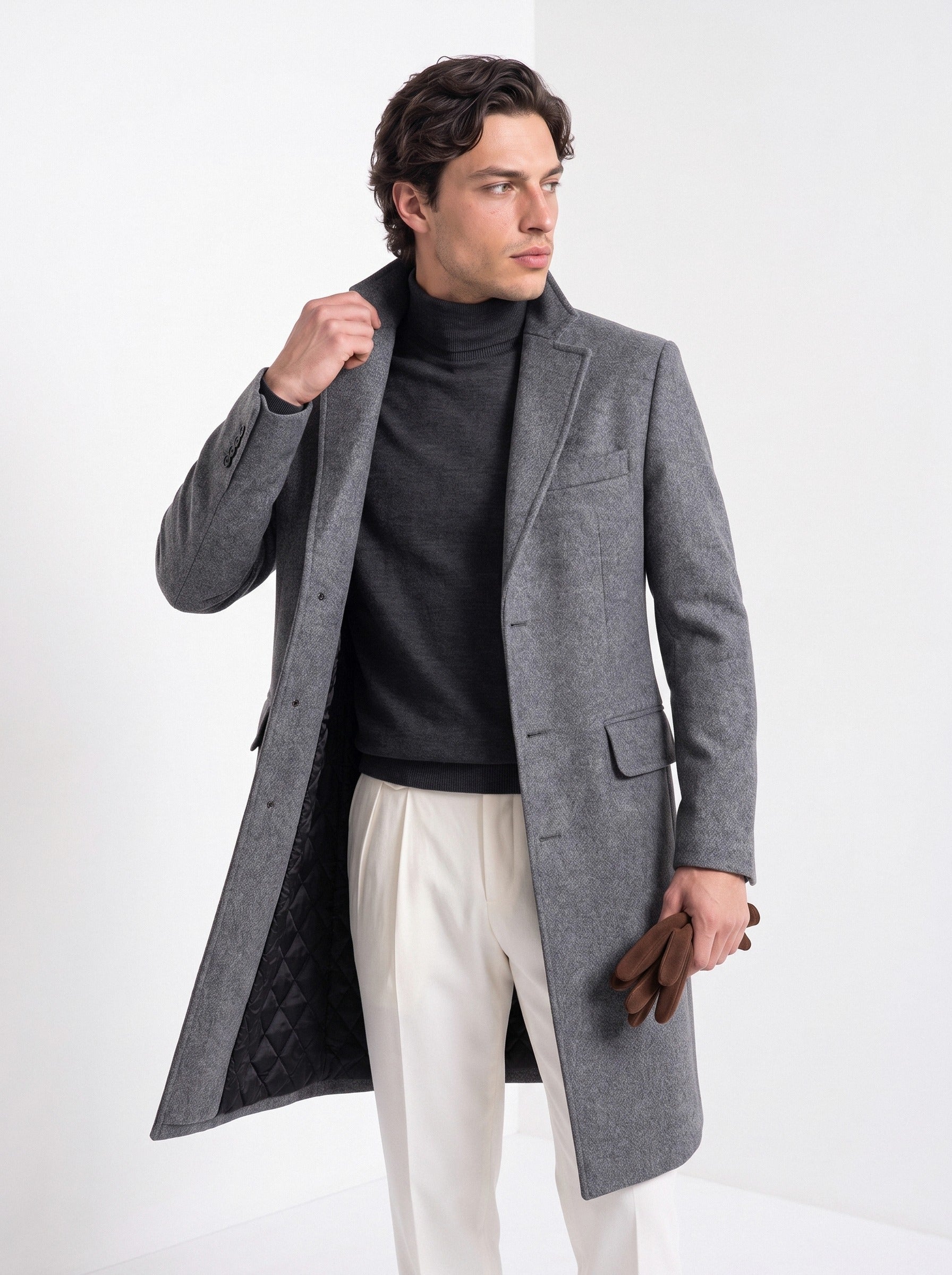 BLENIN men's wool blend overcoat in grey, front portrait