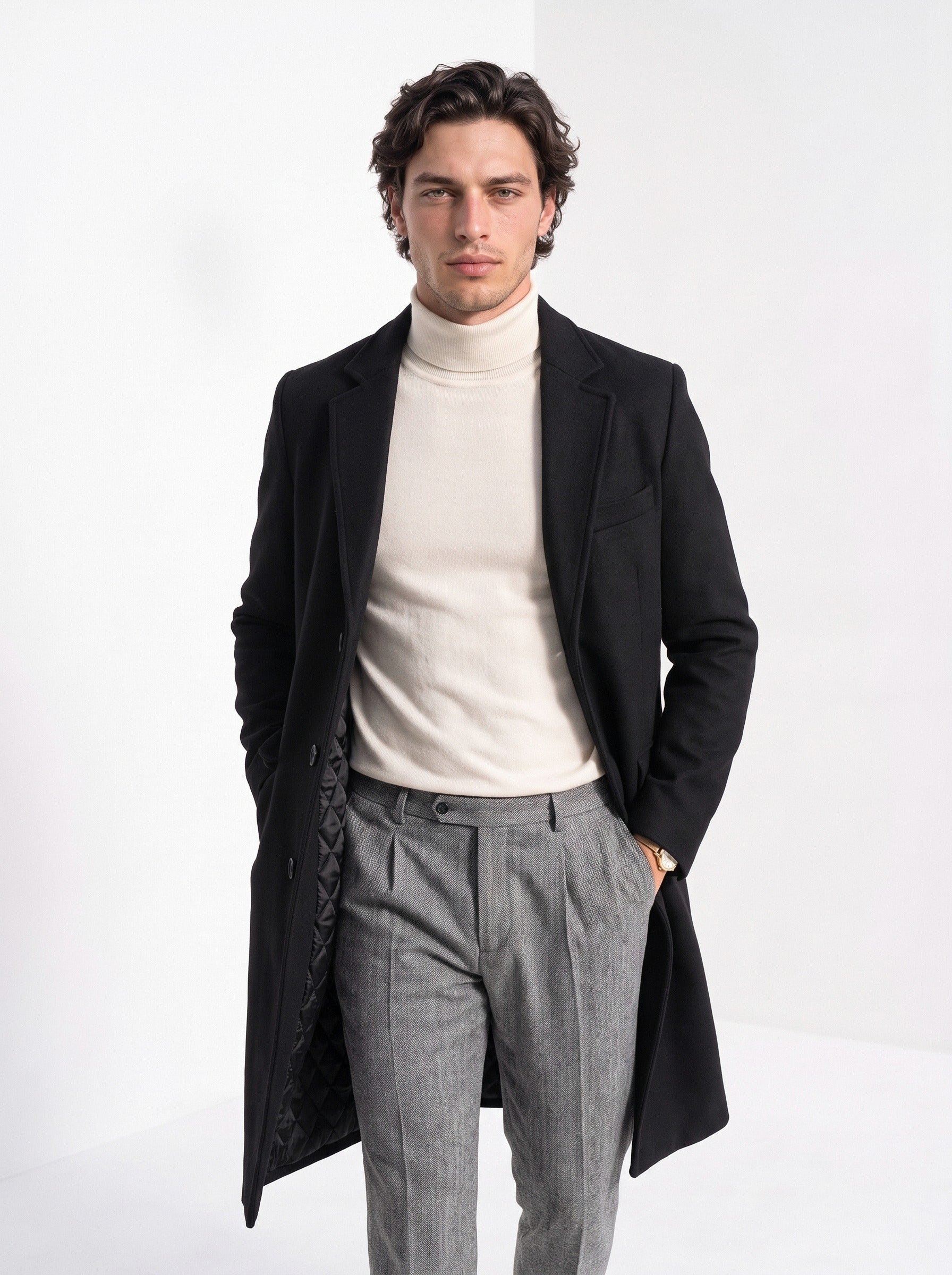 BLENIN men's wool blend overcoat in black, front portrait