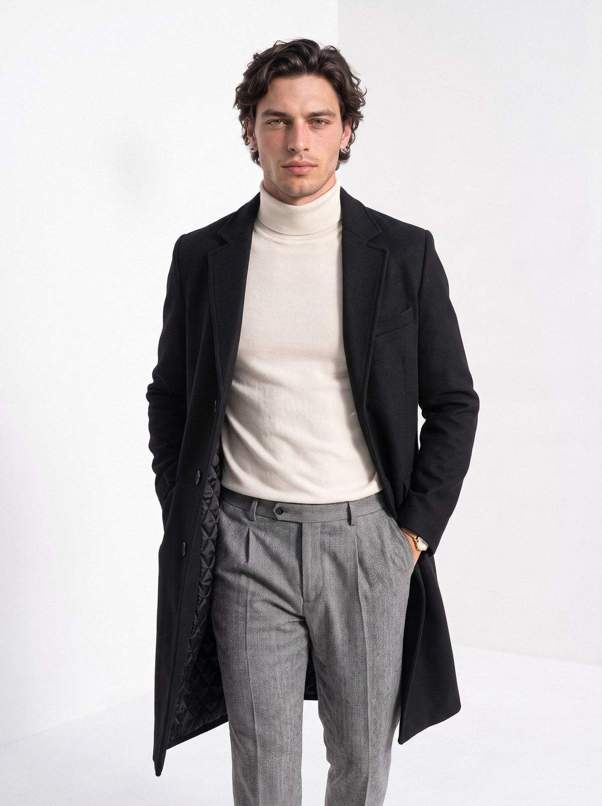 BLENIN men's wool blend overcoat in black, front portrait