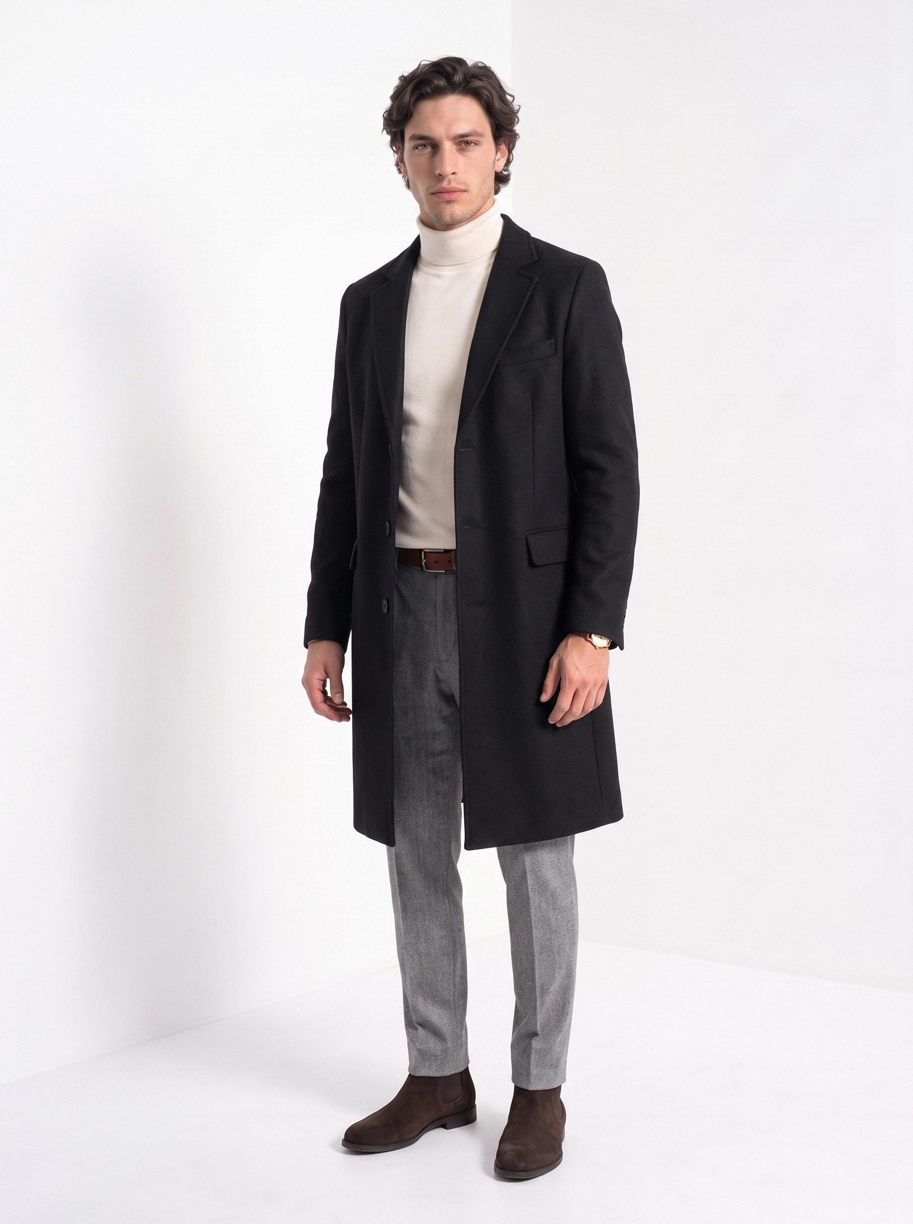 BLENIN men's wool blend overcoat in black, full-length look