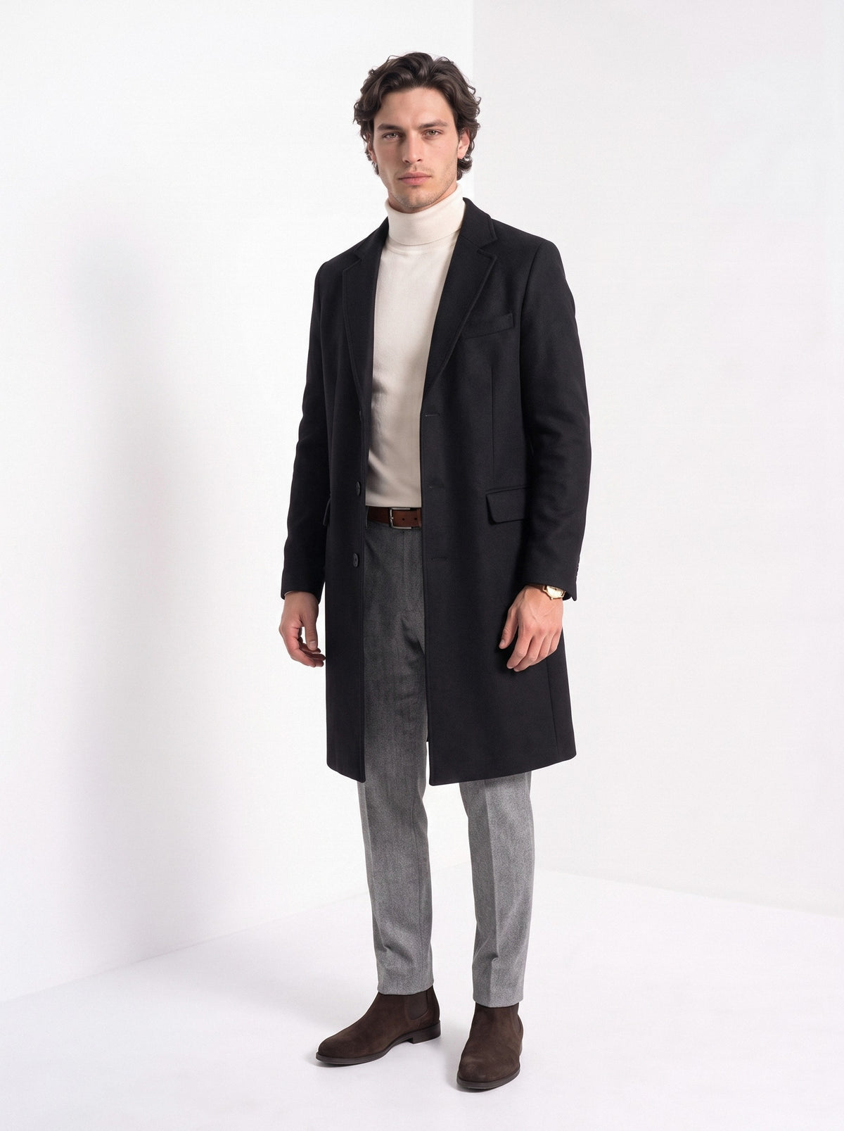 BLENIN men's wool blend overcoat in black, full-length look